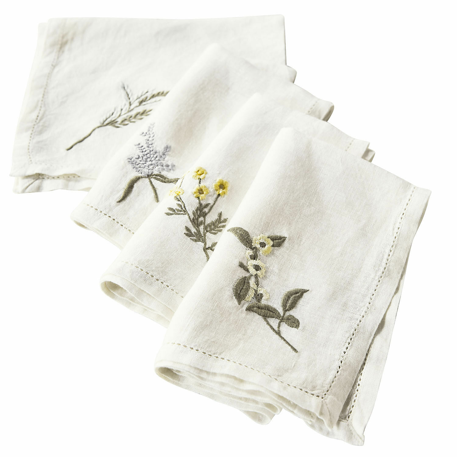 Serviette 4er Set Lentilly Set aus weißen Leinenservietten mit natürlichen Blumenstickereien, elegante Tischdekoration