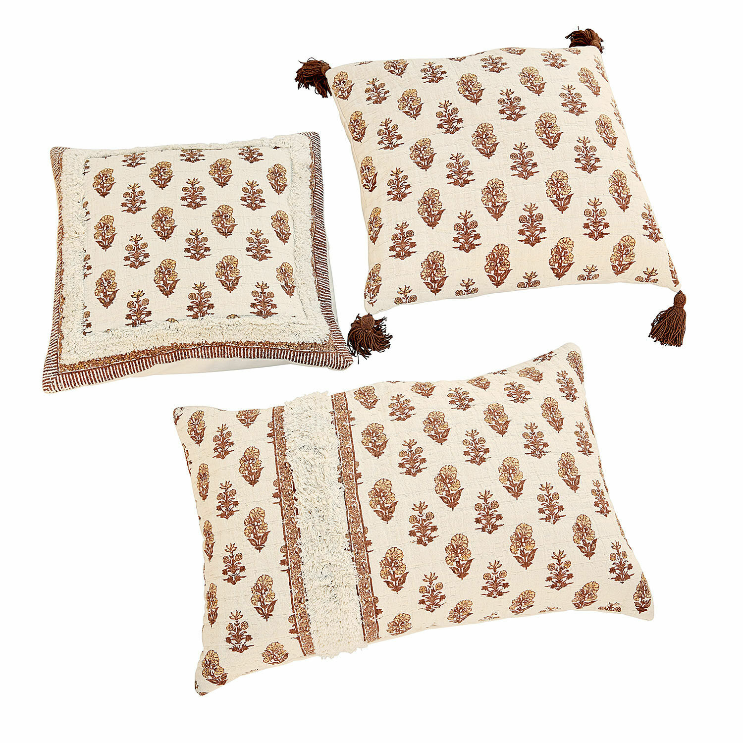 Kissenhülle 3er Set Arsalan Set aus drei dekorativen Baumwollkissen in Creme mit braunem Blumenmuster für Wohnzimmer