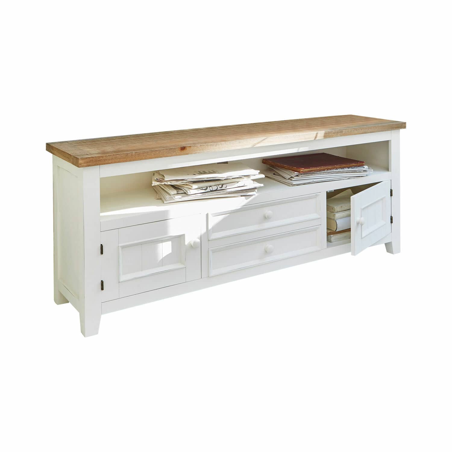 Sideboard Yukon Weiße Holzkommode mit Ablagefächern und Schubladen, Naturholzplatte, praktisches Aufbewahrungsmöbel