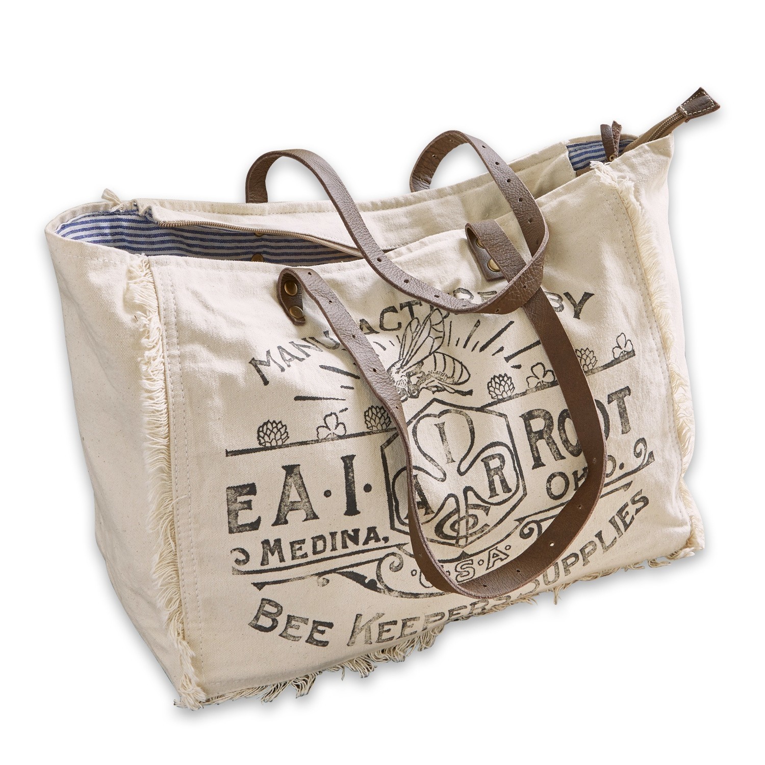 Tasche Cloe Beige Baumwolltasche mit braunen Ledergriffen und Bienen-Print, praktische Einkaufstasche
