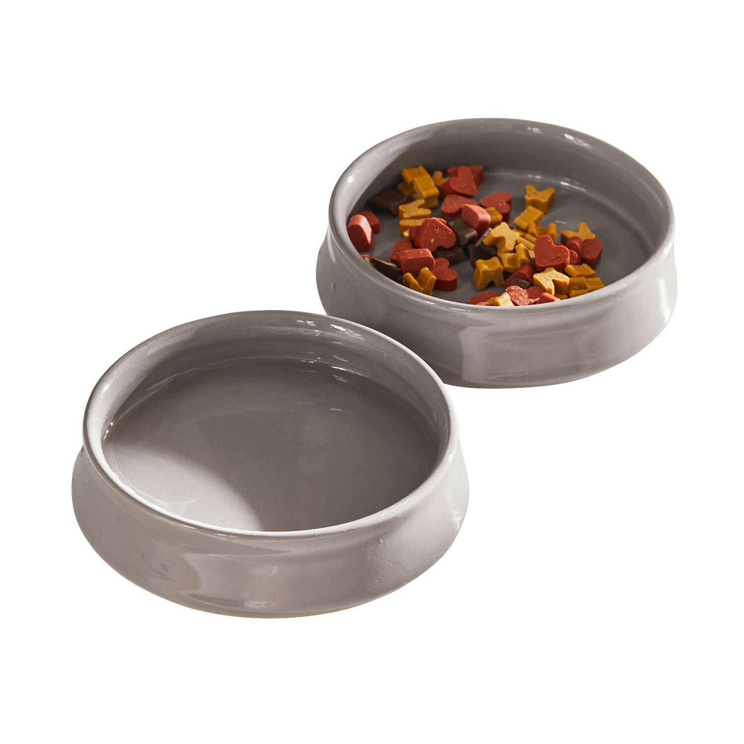 Futternapf 2er Set Hapitos Zwei graue Keramiknäpfe für Haustiere, einer mit Wasser, der andere mit buntem Futter, Tierzubehör