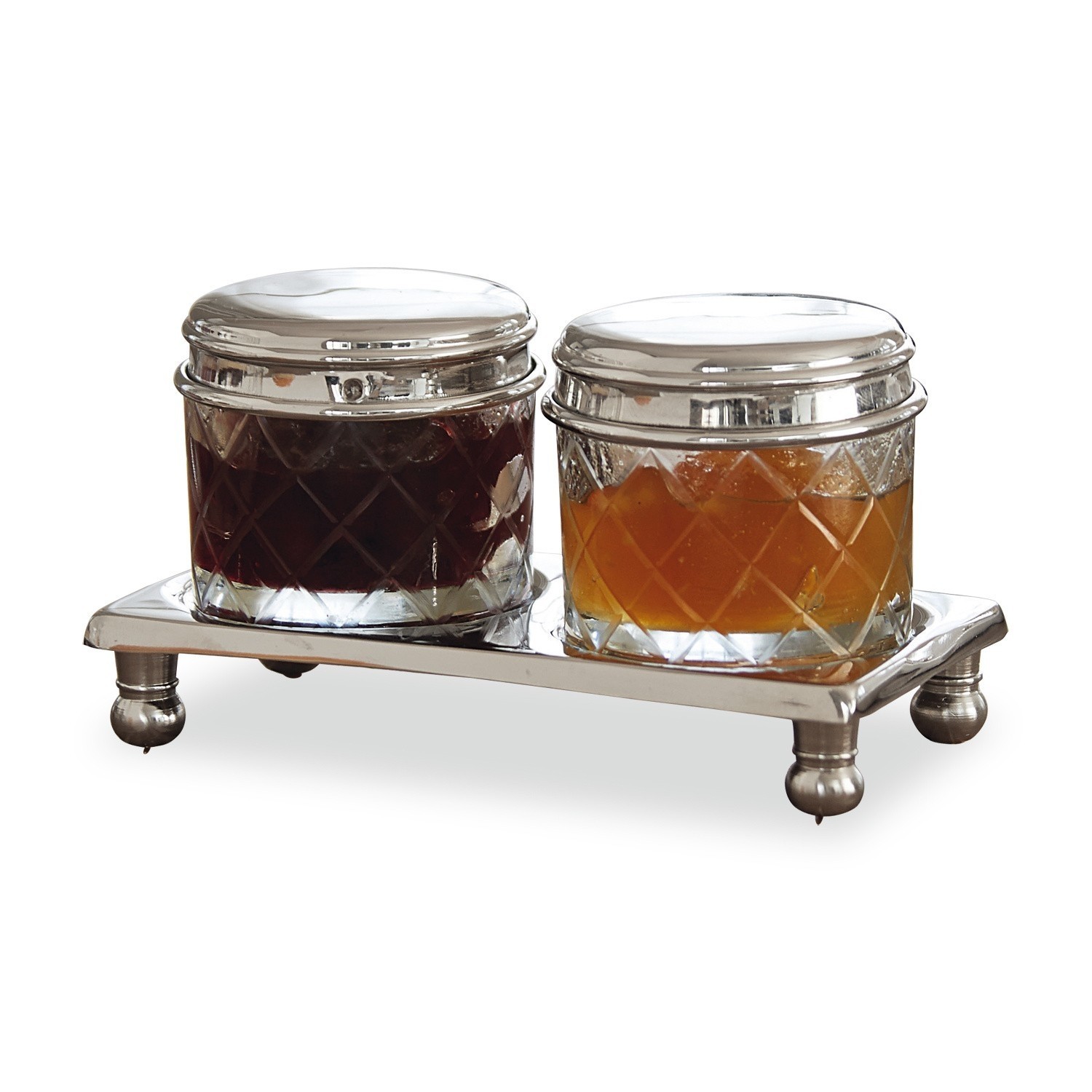 Dosen 2er Set Aiton Set aus zwei Glasbehältern mit Metalldeckeln auf Edelstahltablett für Gewürze
