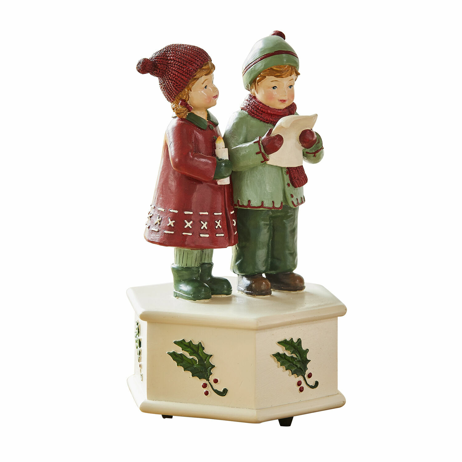 Figur mit singenden Kindern auf cremefarbener Basis mit Stechpalmenmotiv, Weihnachtsdekoration