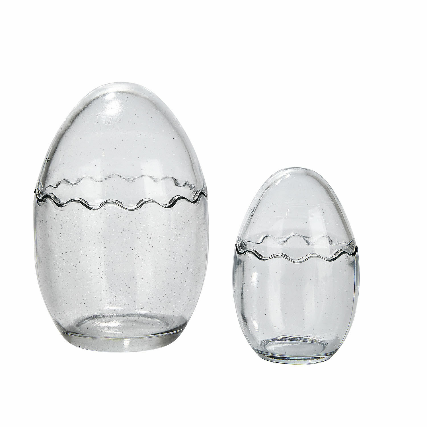 Set aus zwei transparenten Glasbehältern in Ei-Form mit wellenförmigem Muster