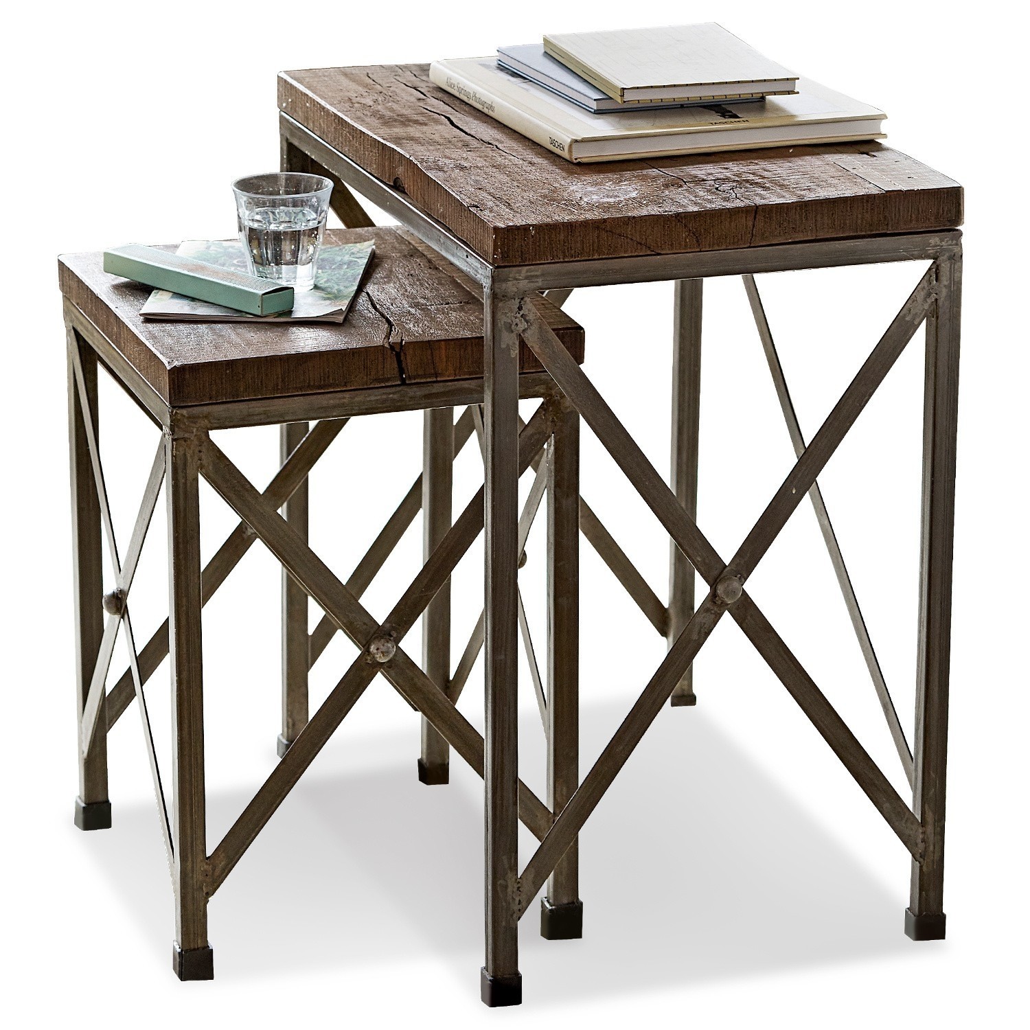Zweier-Set Beistelltische mit Holzplatte und Metallgestell im Industrie-Design