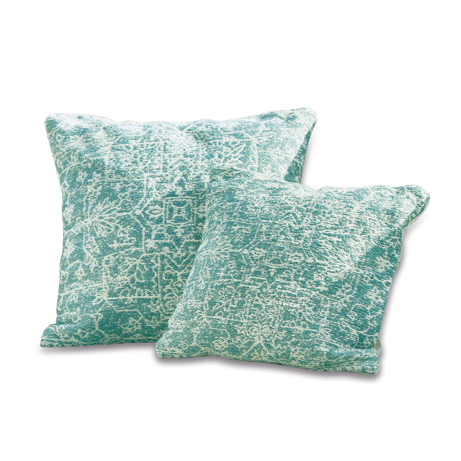 Set aus zwei dekorativen Baumwollkissen in Türkis mit Muster, ideal für das Wohnzimmer