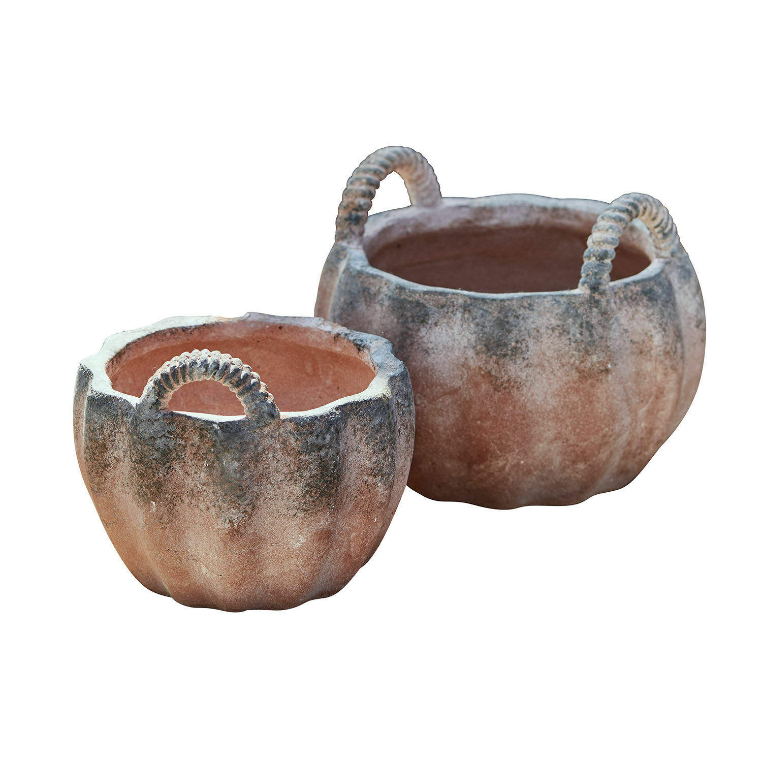 Set aus zwei terrakottafarbenen Keramikblumentöpfen in Kürbisform mit Griffen und grauem Patina-Effekt