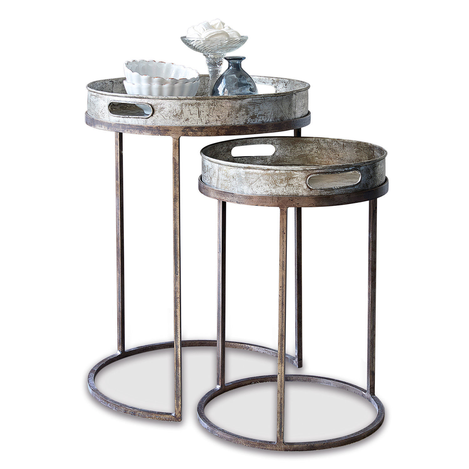 Beistelltisch 2er Set Saint Mark Set aus zwei runden Beistelltischen aus Metall in Silber-Braun für Wohnzimmer