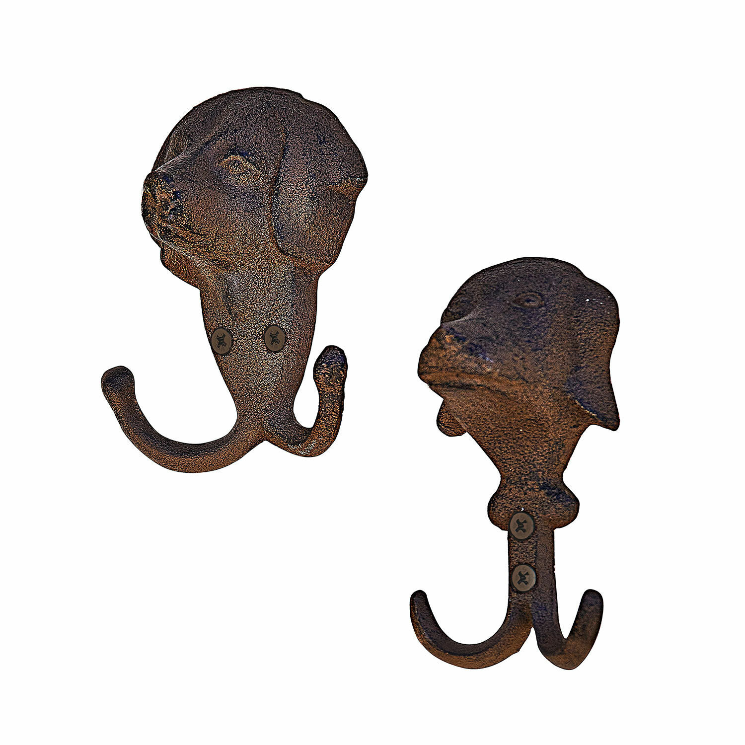 Haken 2er Set Samiran Set aus zwei rostfarbenen Wandhaken aus Eisen in Hunde-Kopf-Form für Dekoration und Aufbewahrung