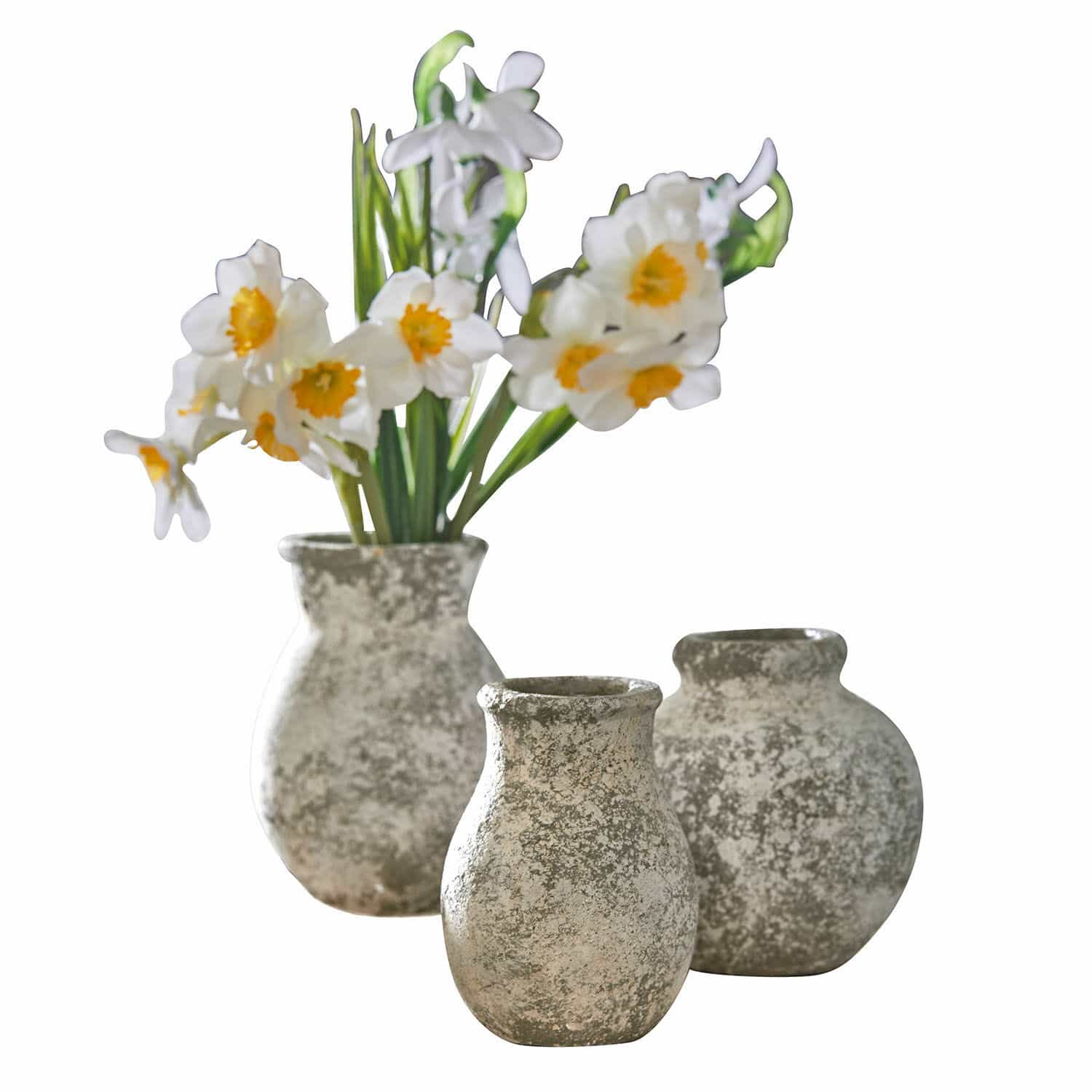 Vase 3er Set Cerquix Set aus drei grauen Keramikvasen mit weißen Blumen zur Wohnraumdekoration
