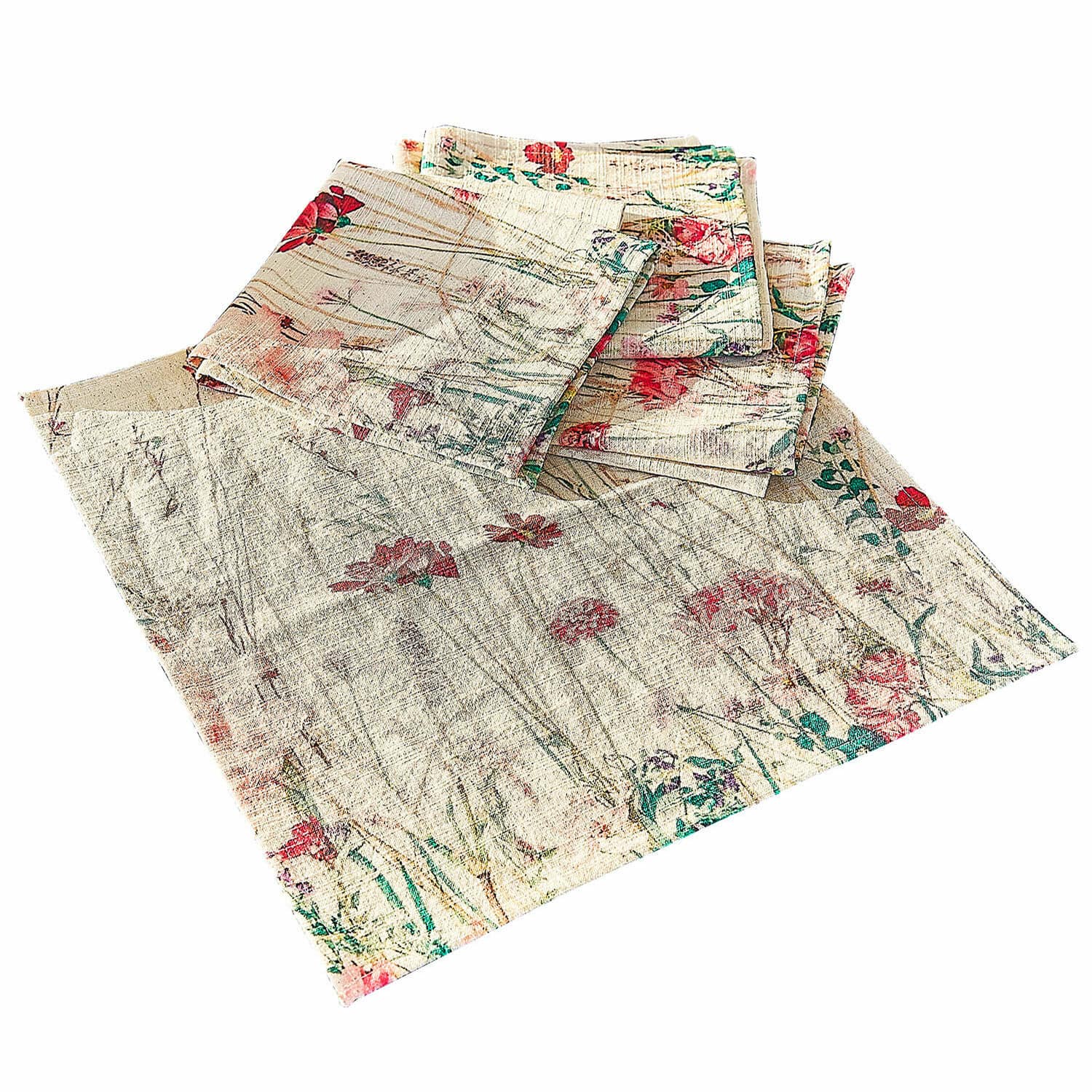 Serviette 4er Set Briovene Leinen-Servietten in Creme mit floralem Muster, dekorative Heimtextilien