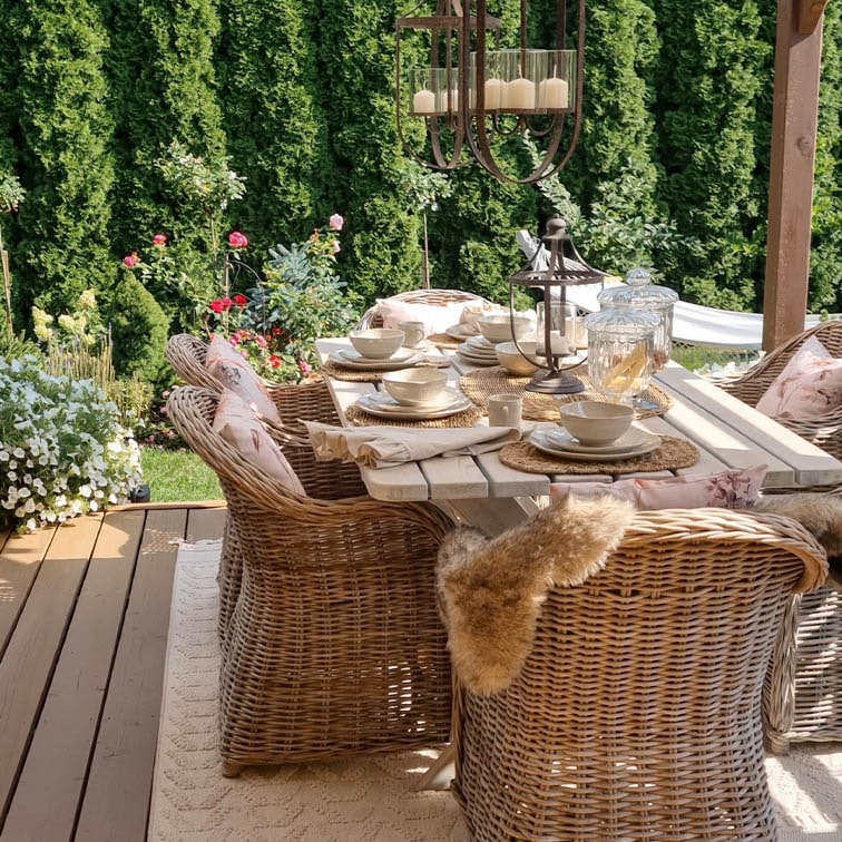 Gartenmöbel-Set aus natürlichem Rattan mit weißem Tisch und Dekorationen auf sonniger Terrasse