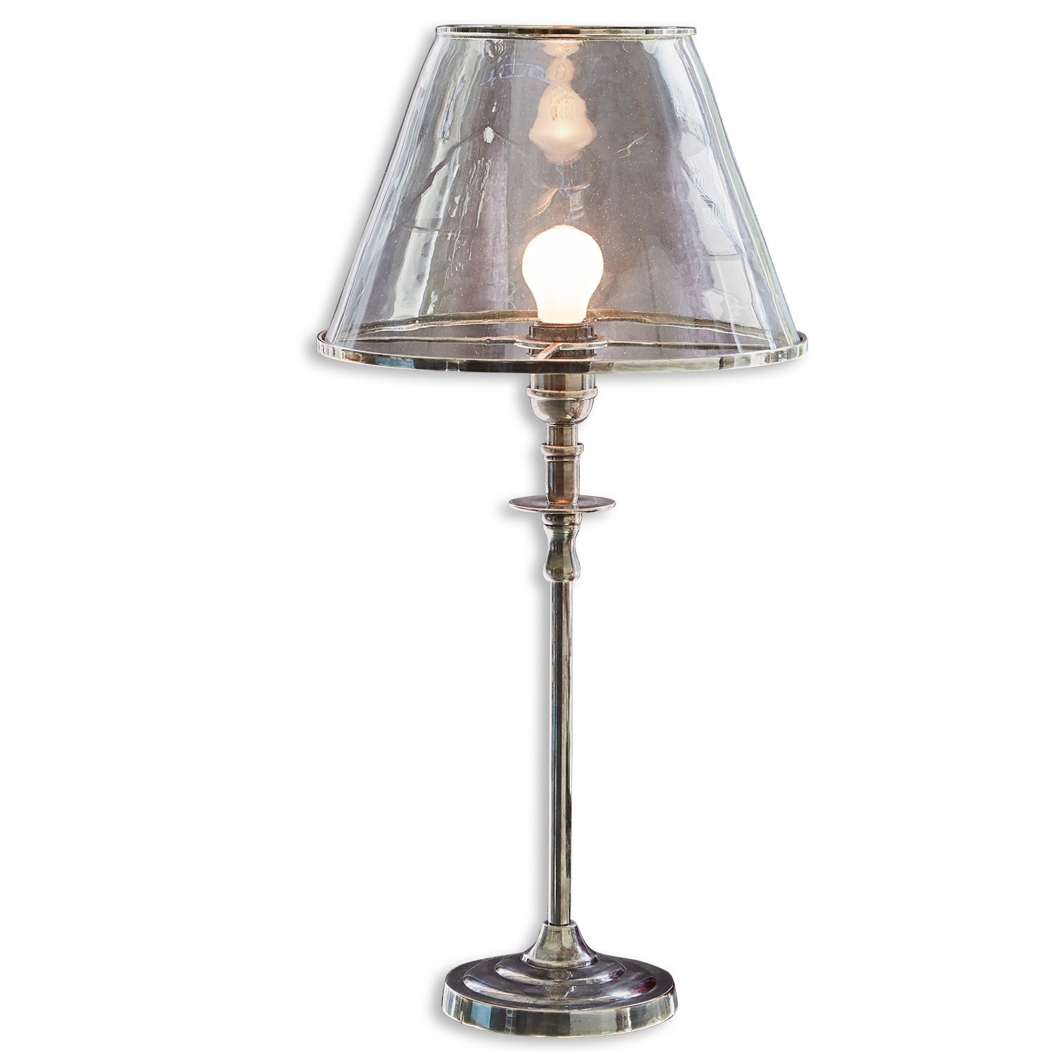 Tischlampe aus silbernem Metall mit transparentem Lampenschirm, modernes Wohnraumlicht