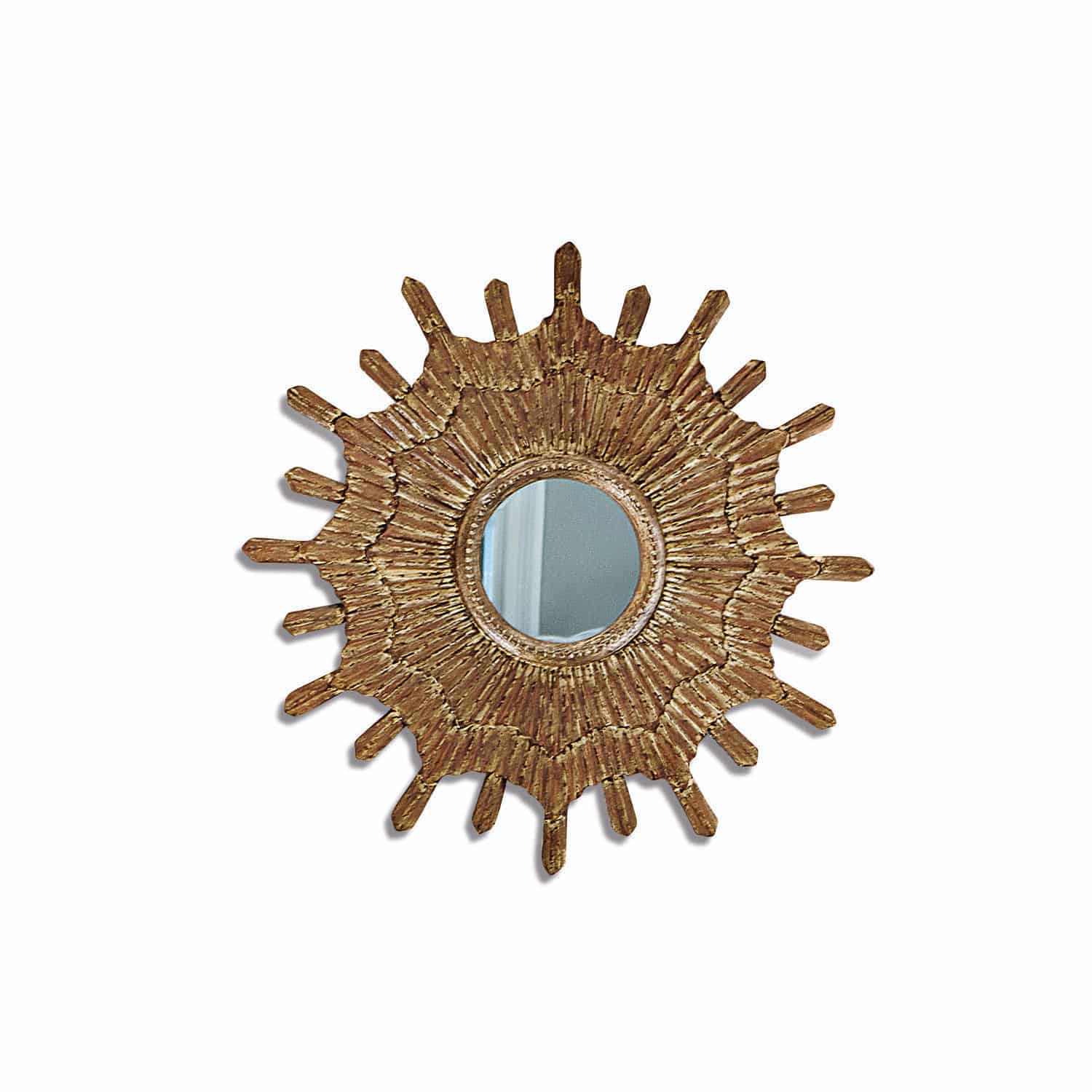 Rundes Wandspiegel mit goldfarbenem Holzrahmen in Sonnenform zur Wohnraumdekoration