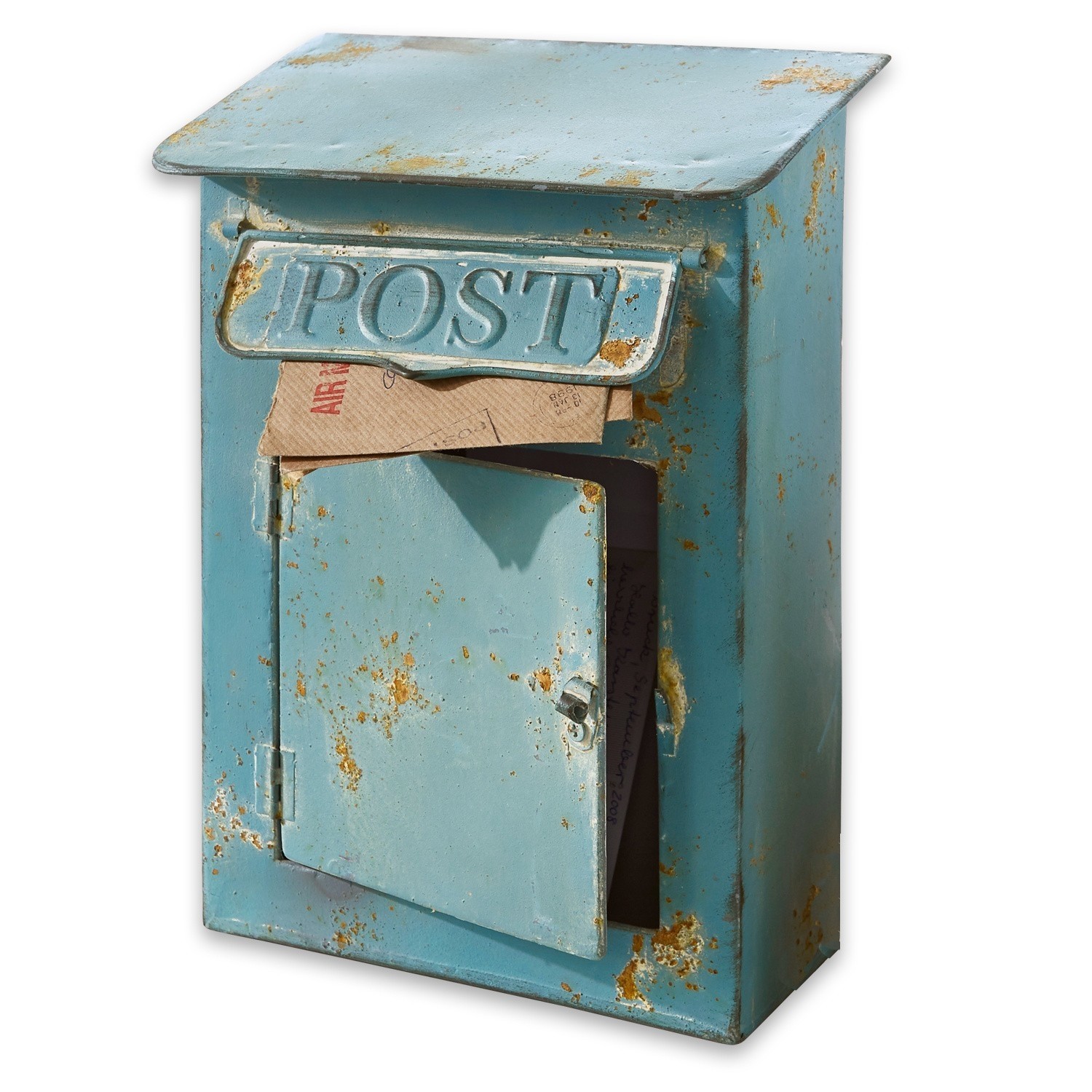 Deko-Briefkasten Boîte Postale Blaue Metallbriefkasten mit Roststellen und offener Tür, gefüllt mit Post