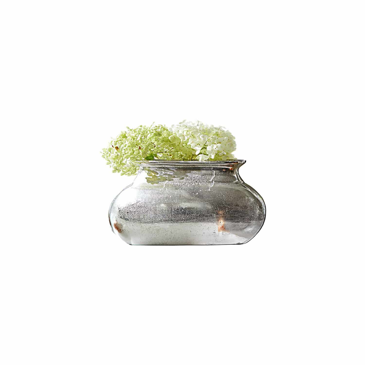 Vase Melisique Silberne Glasvase mit Hortensienblüten, Vintage-Dekoration, stilvolles Wohnaccessoire