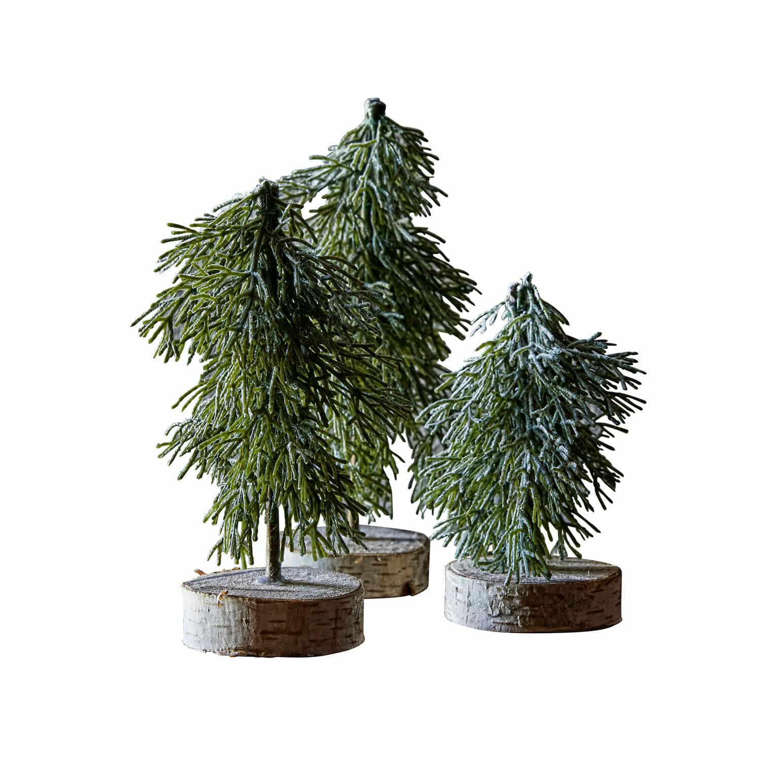 Baum 3er Set Lonzac Drei grüne Deko-Tannenbäume auf Birkenholzsockel, natürliche Weihnachtsdekoration