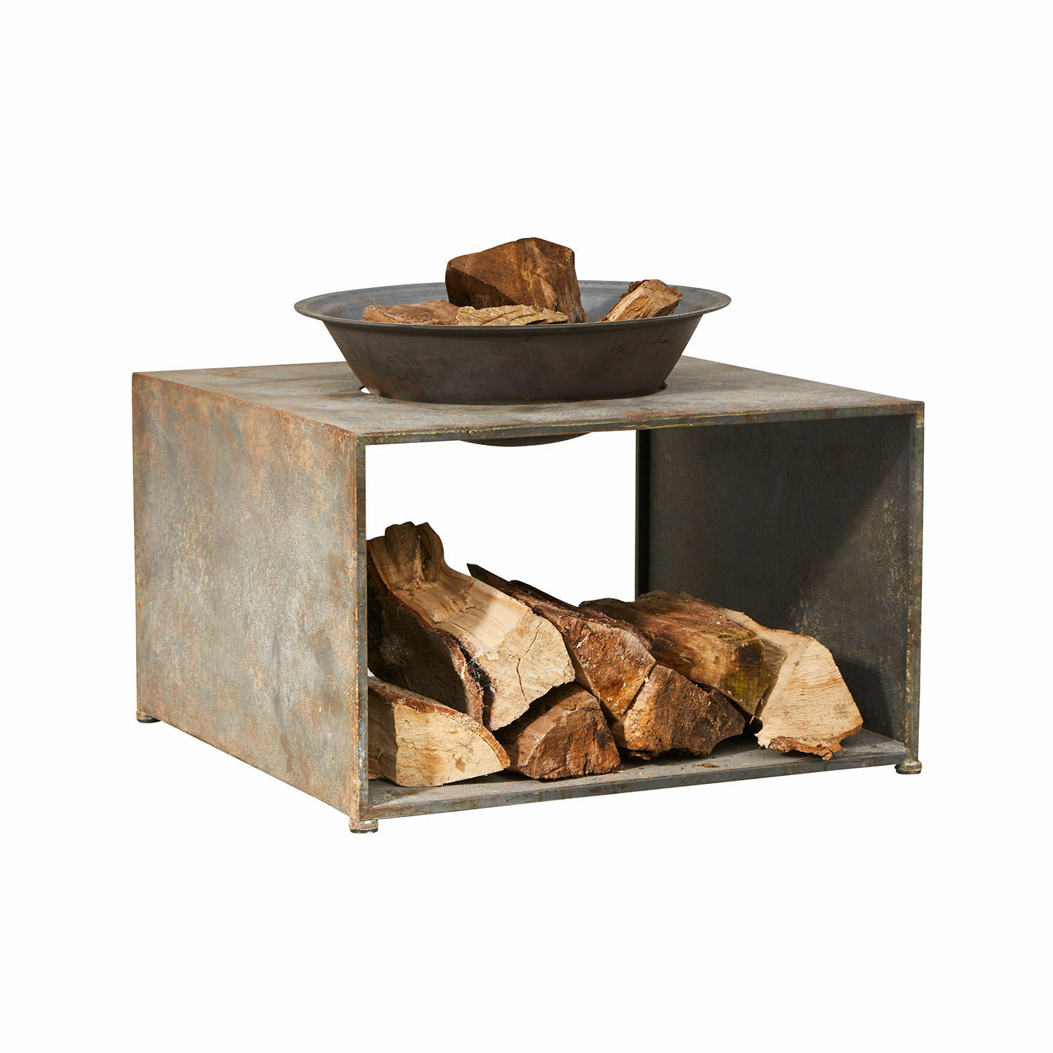 Feuerschale Rivolet Quadratisches Metall-Feuerstelle mit Holzlager und rostiger Feuerschale für Garten und Terrasse