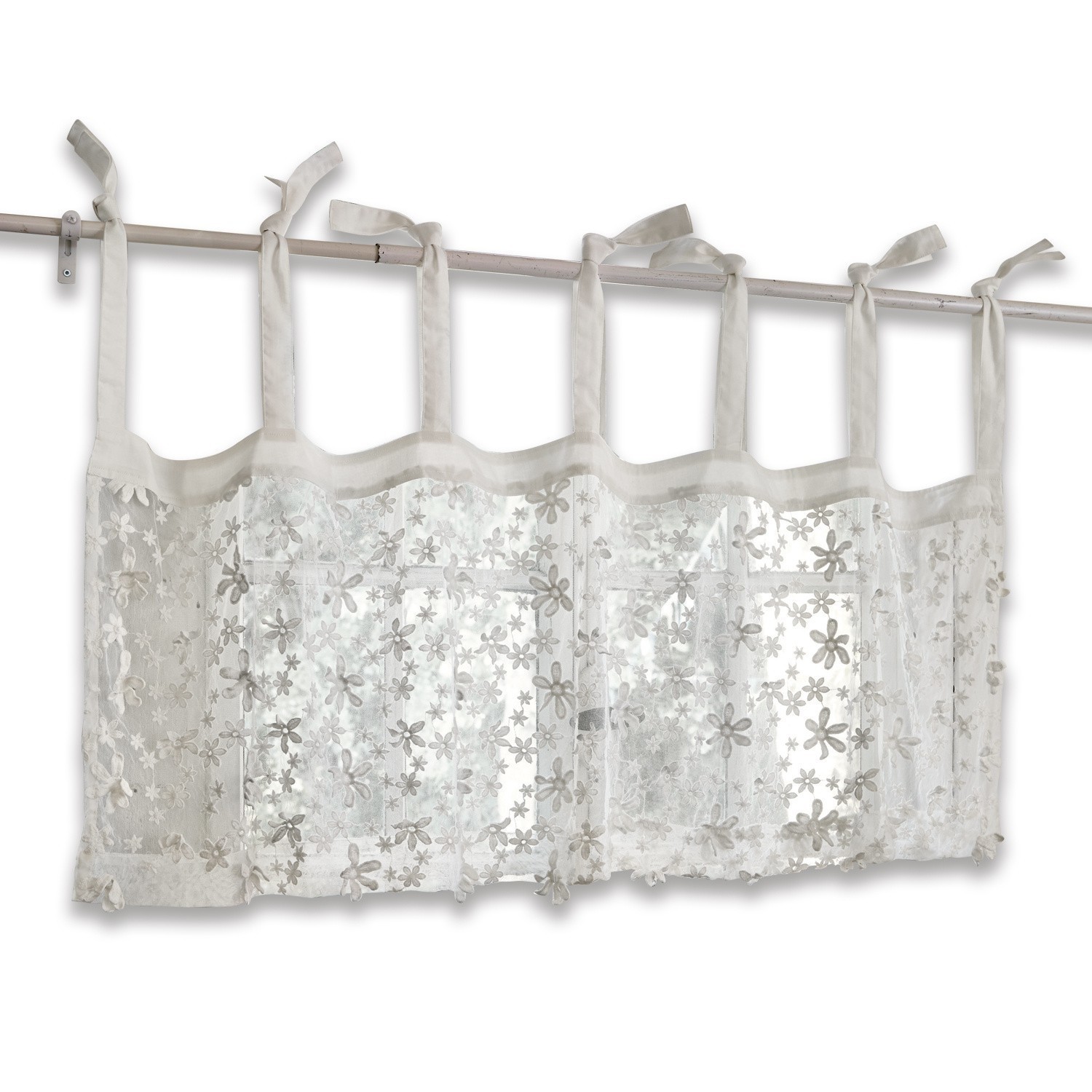 Weiße Gardine mit bestickten Blumen und Schlaufen zum Aufhängen, leichter Stoff für Fensterdekoration