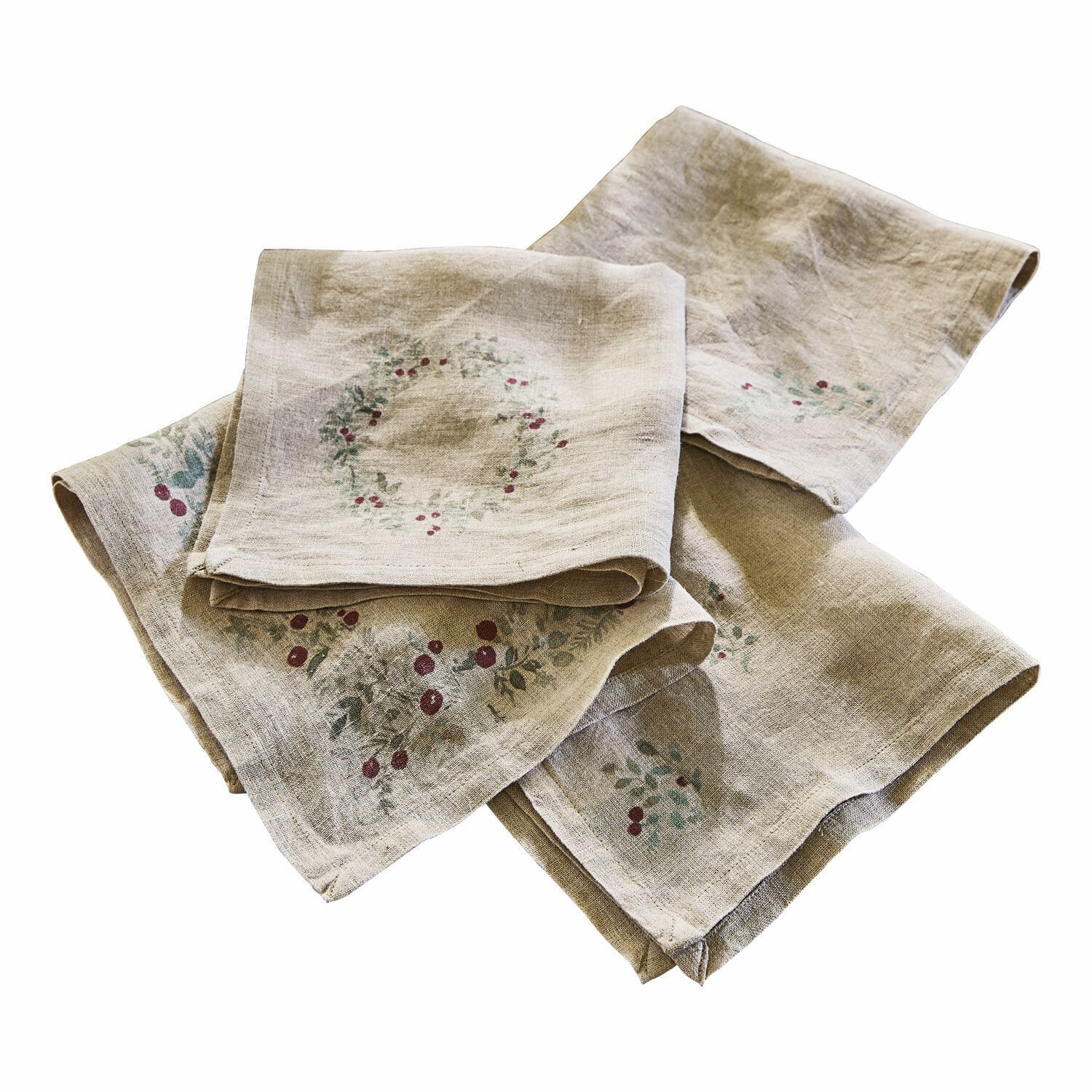 Serviette 4er Set Lenius Beige Leinenservietten mit zartem Muster roter Beeren und grüner Blätter, Tischdekoration