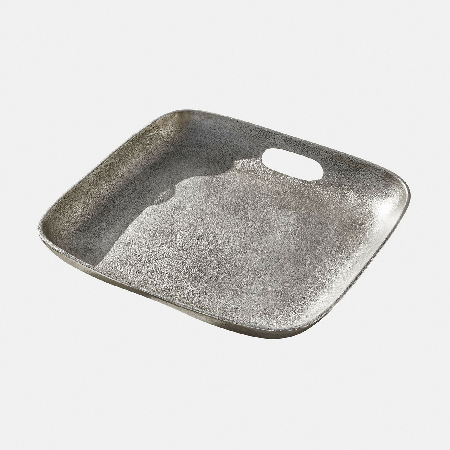 Quadratisches Tablett aus silbernem Metall mit Griff, praktisches Wohnaccessoire