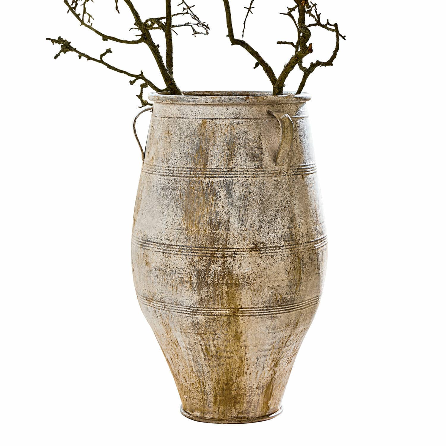 Große beige Keramikvase mit Patina und Griffen, dekoratives Wohnaccessoire im Landhausstil