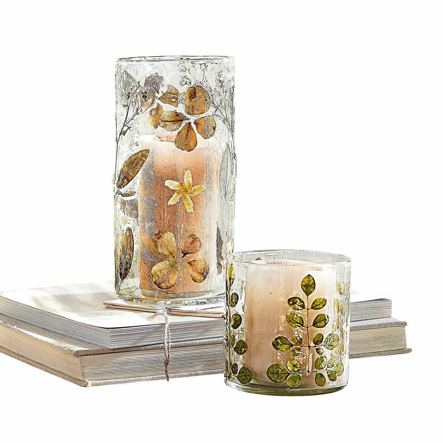 Windlicht 2er Set Quoturi Glaswindlichter mit getrockneten Blumen und Blättern, natürliche Dekoration auf Büchern
