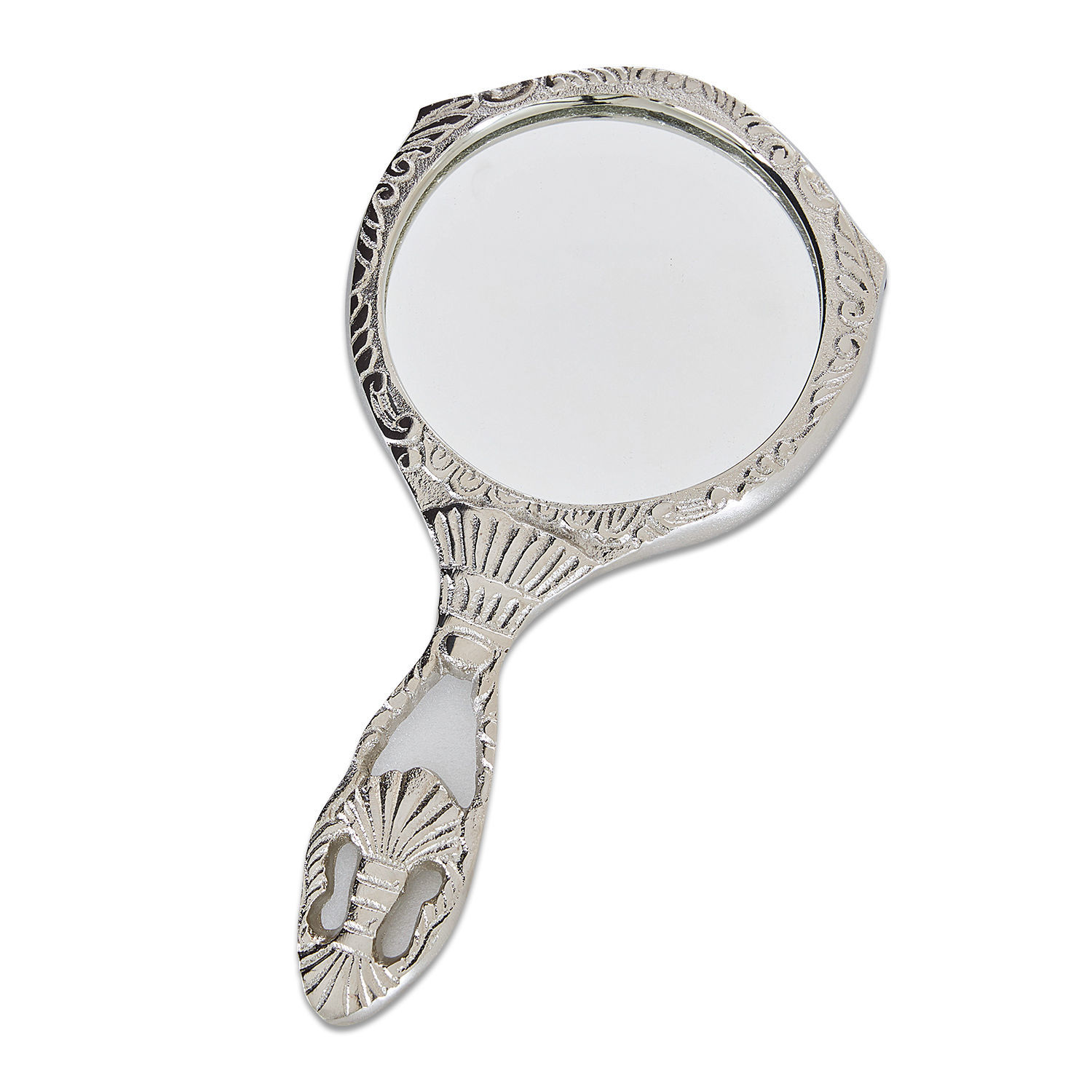 Handspiegel mit verziertem silberfarbenem Metallrahmen, elegantes Accessoire für Make-up
