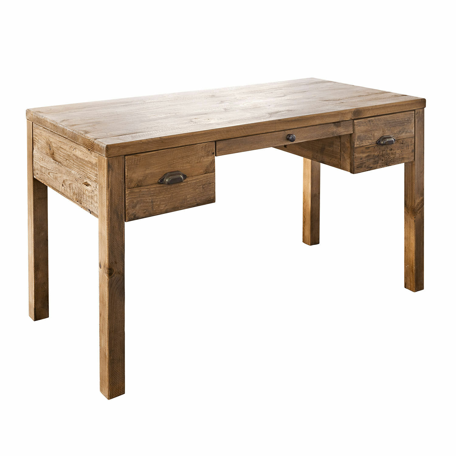 Schreibtisch aus naturfarbenem Holz mit zwei Schubladen und Metallgriffen für Büro