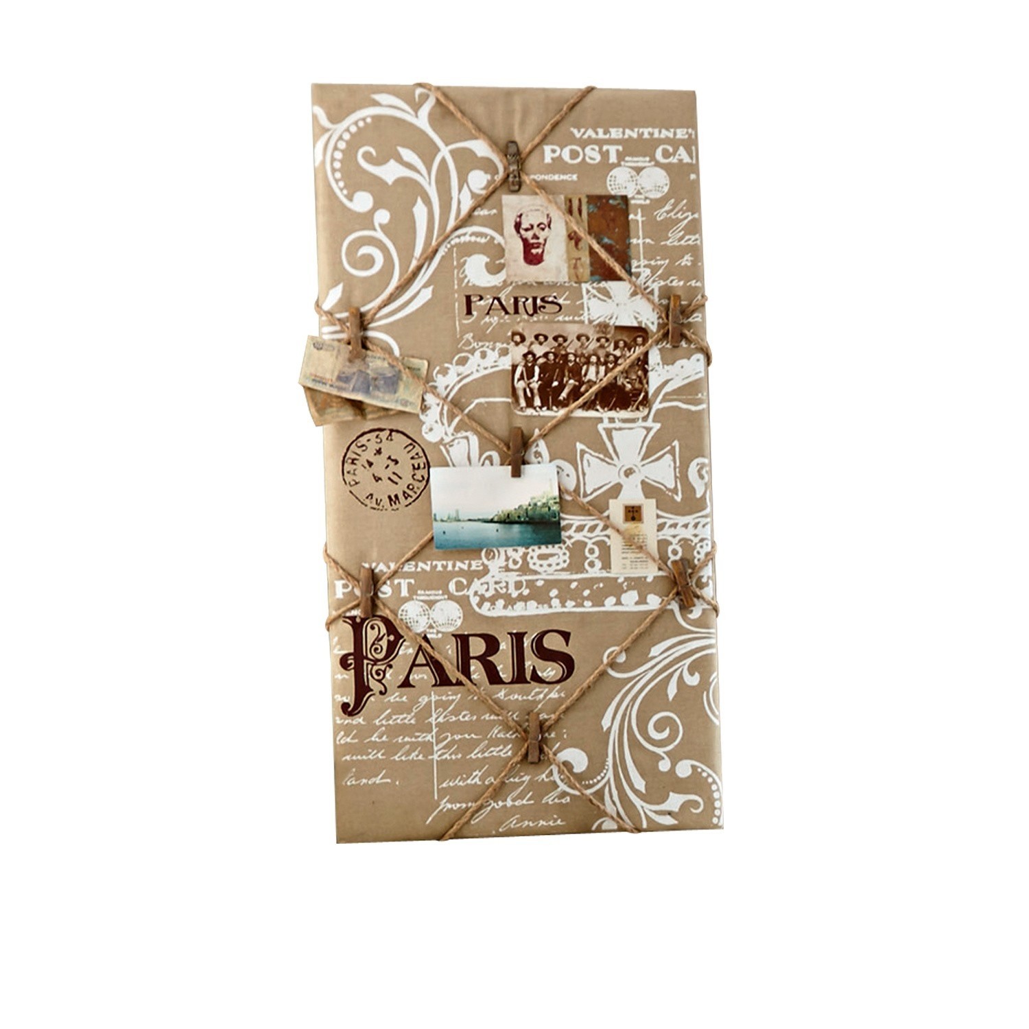Dekorative Pinnwand in Beige mit weißen Mustern und Kordeln zum Befestigen von Fotos, Paris-Motiv