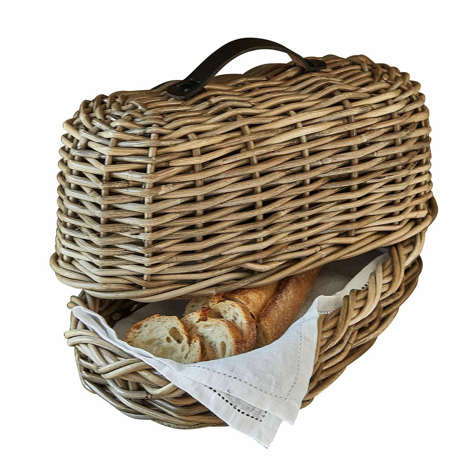 Brotbox Gioialetto Brotkorb aus natürlichem Rattan mit weißem Tuch und Baguette im Inneren
