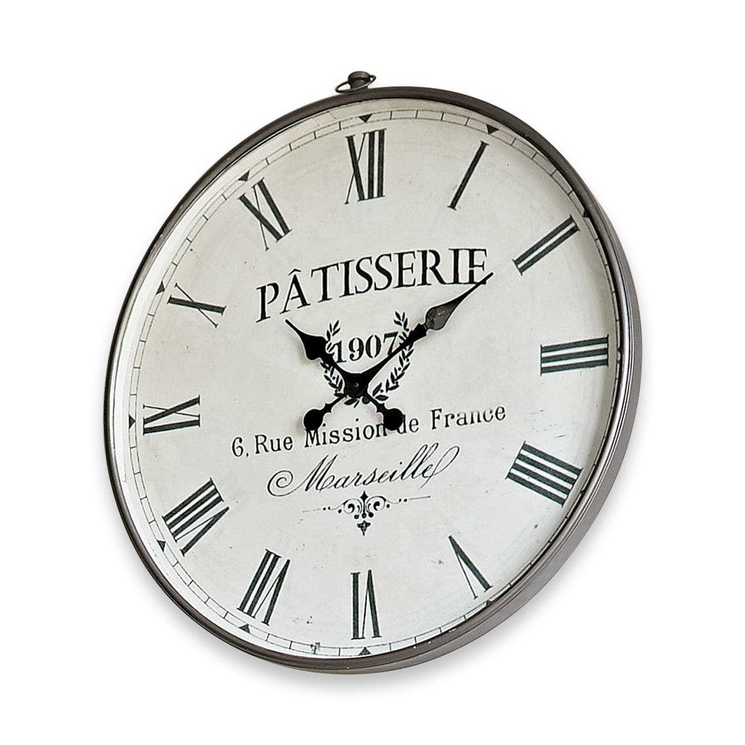 Runde Wanduhr mit Metallrahmen und römischen Ziffern im Vintage-Stil