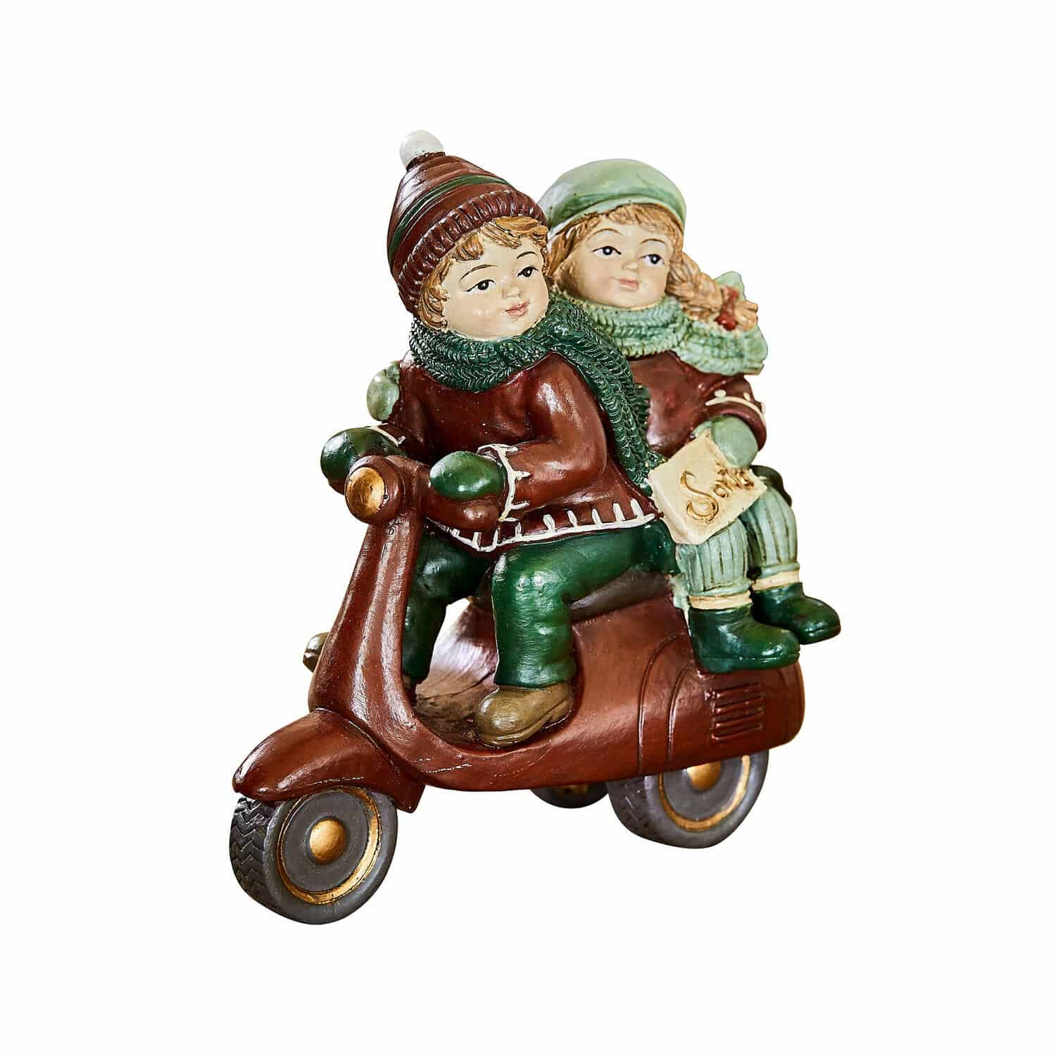 Deko-Figur Dariell Keramikfigur von zwei Kindern auf braunem Roller mit grüner Kleidung, Weihnachtsdeko