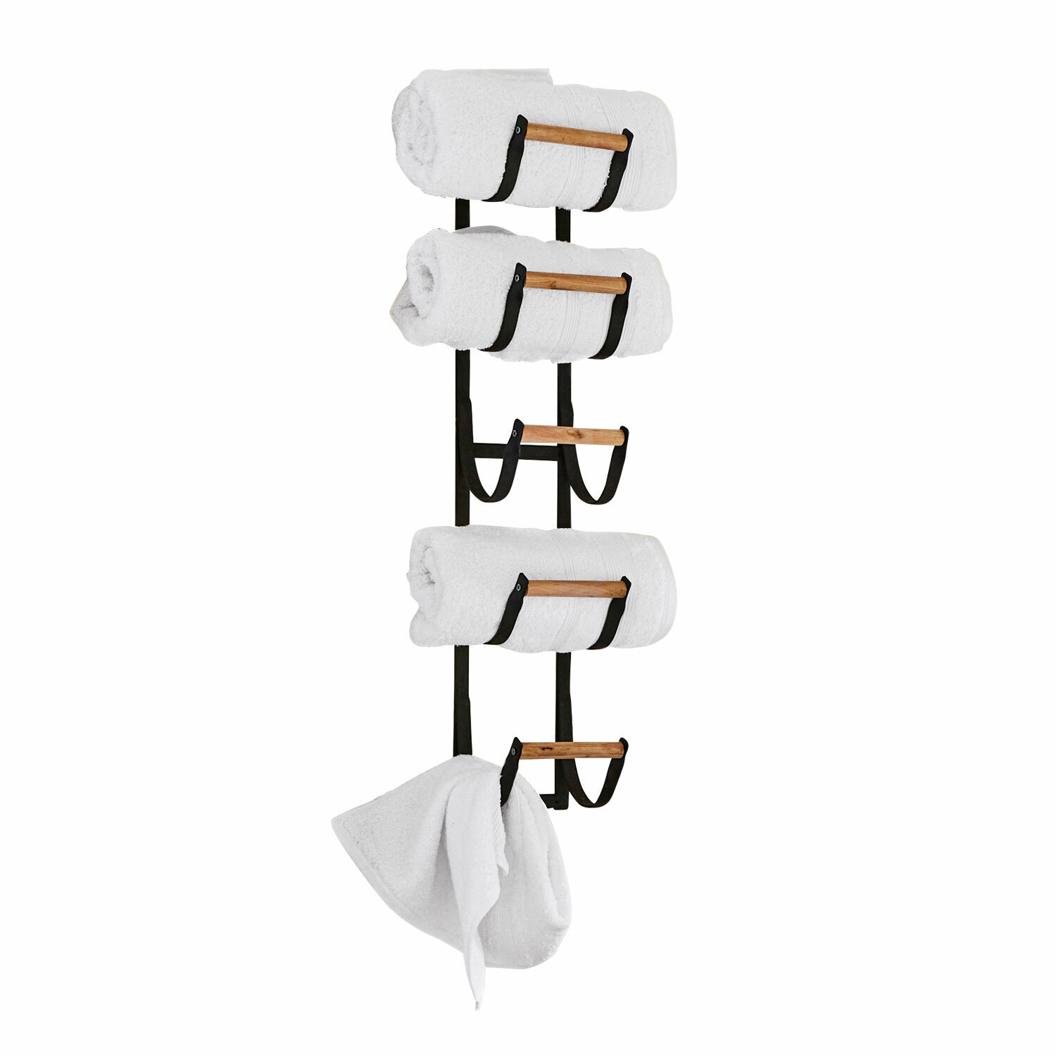 Wandorganizer Utica Schwarzer Metall-Handtuchhalter mit Holzstangen und weißen Handtüchern für das Badezimmer