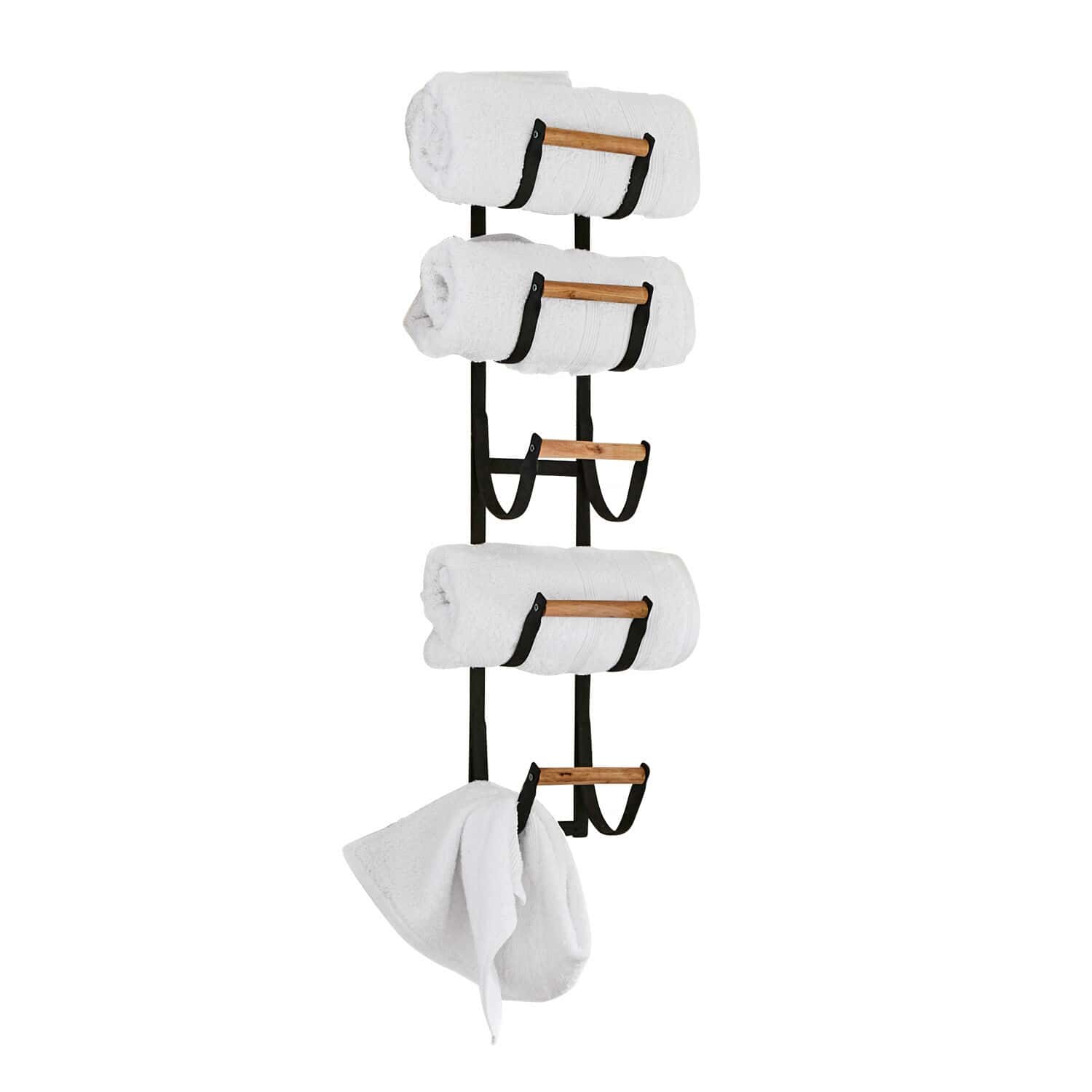 Wandorganizer Utica Schwarzer Metall-Handtuchhalter mit Holzstangen und weißen Handtüchern für das Badezimmer