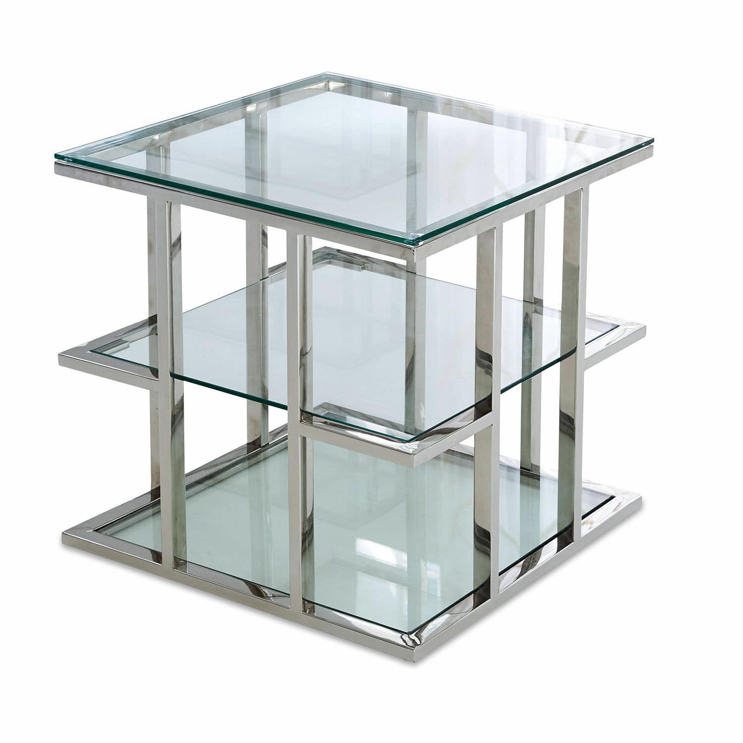 Quadratischer Beistelltisch aus klarem Glas mit silbernem Metallgestell im modernen Design