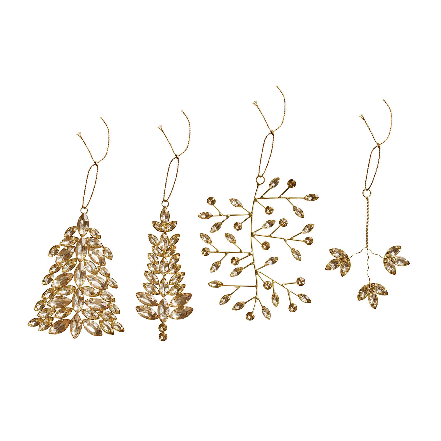 Weihnachtssschmuck 4er Set Zaniva Set aus vier goldfarbenen Weihnachtsanhängern mit kristallklaren Blättern zum Aufhängen