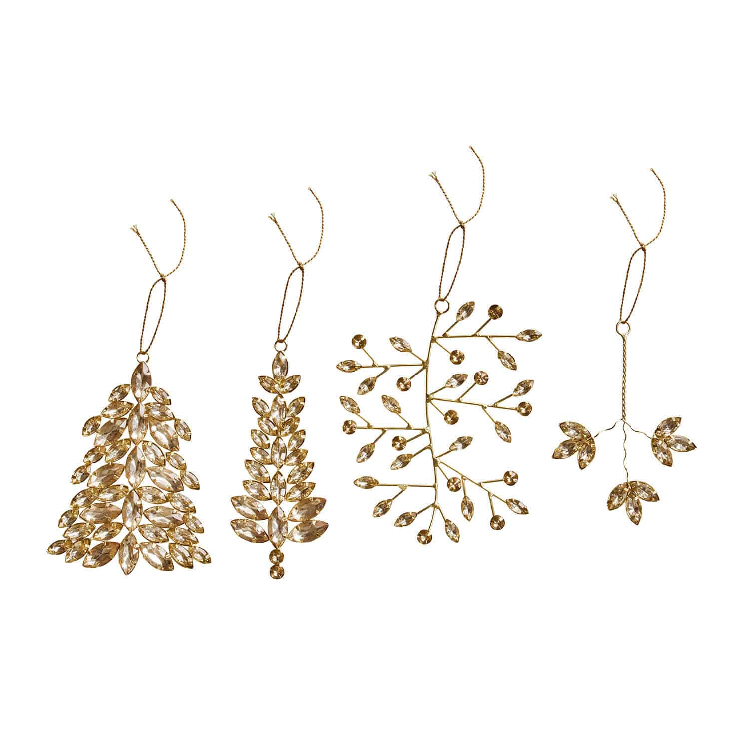 Weihnachtssschmuck 4er Set Zaniva Set aus vier goldfarbenen Weihnachtsanhängern mit kristallklaren Blättern zum Aufhängen