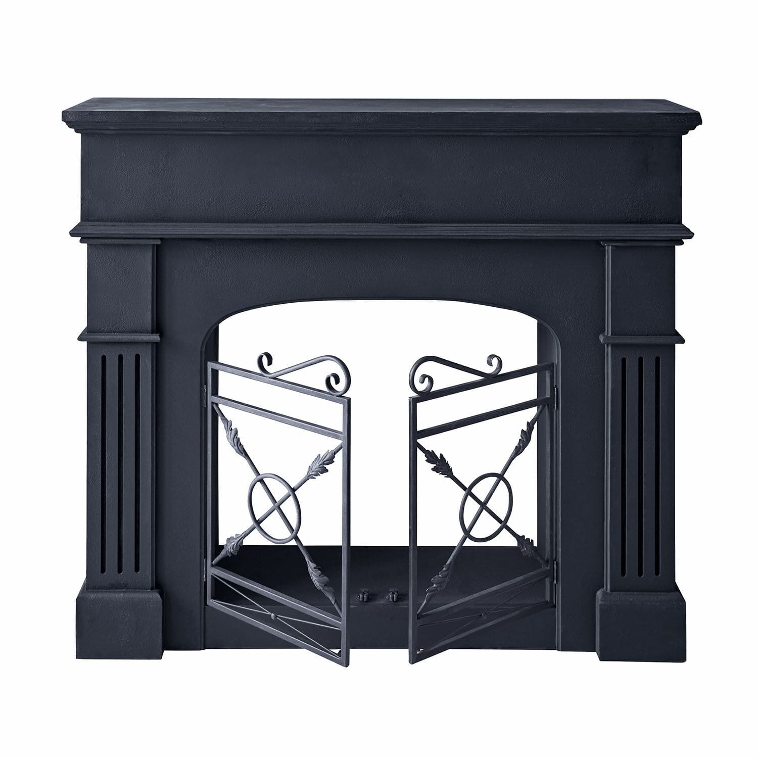 Schwarzer Metall-Kaminrahmen mit dekorativen Türen und klassischem Design für Wohnzimmer