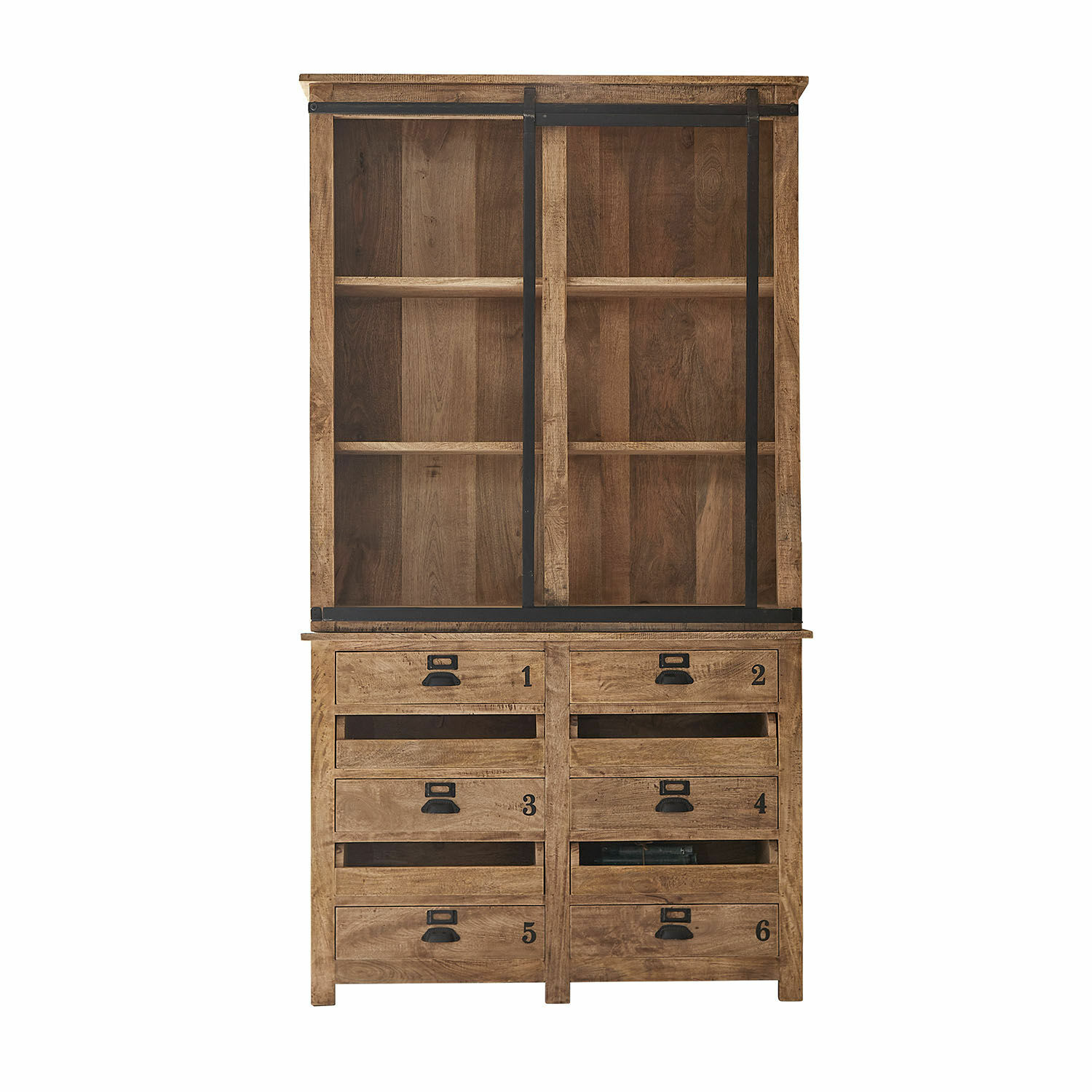 Holzschrank mit nummerierten Schubladen und Glastüren in natürlicher Farbe, Aufbewahrungsmöbel