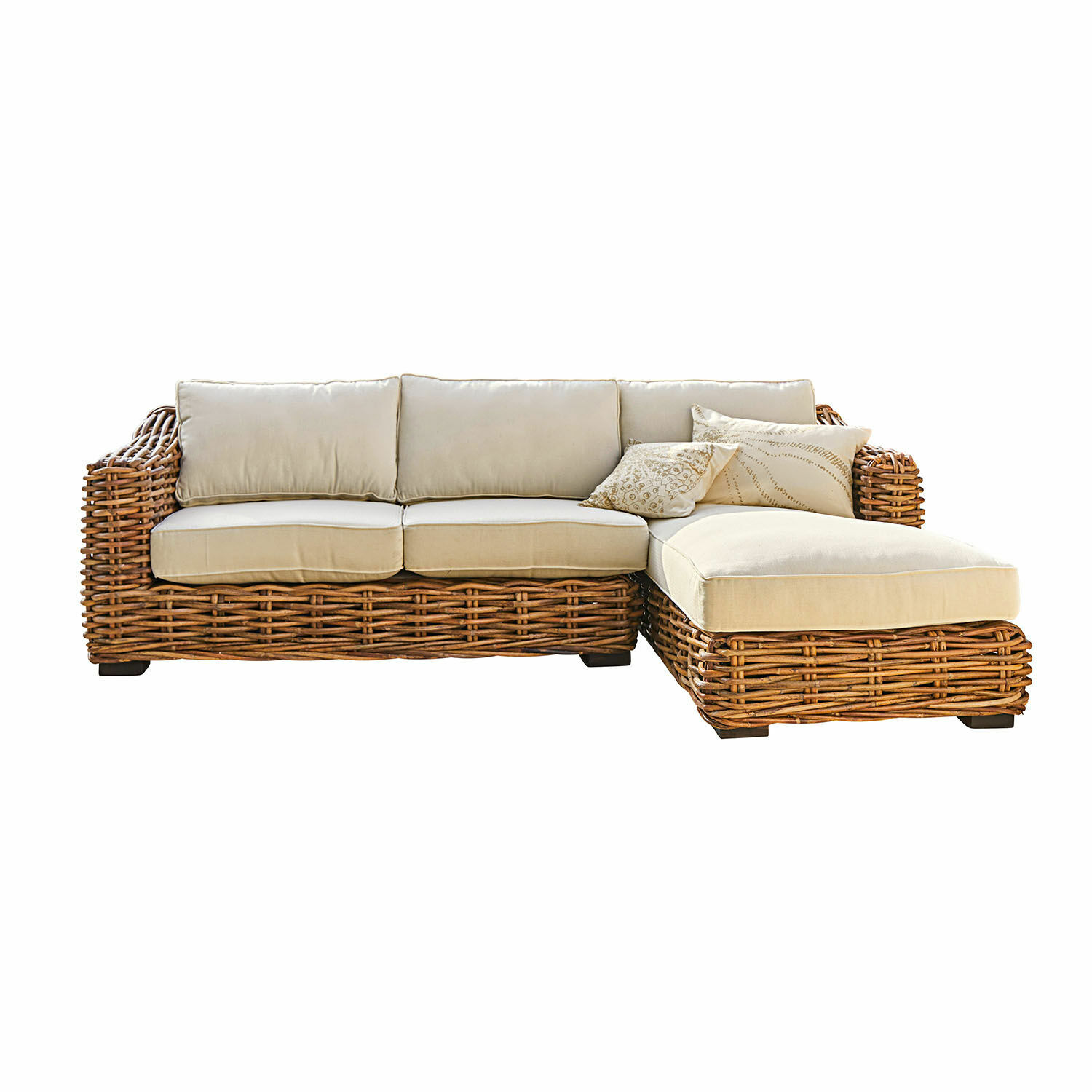 Sofa Villedieu Ecksofa aus Rattan mit cremefarbenen Polstern, gemütliches Wohnzimmermöbel