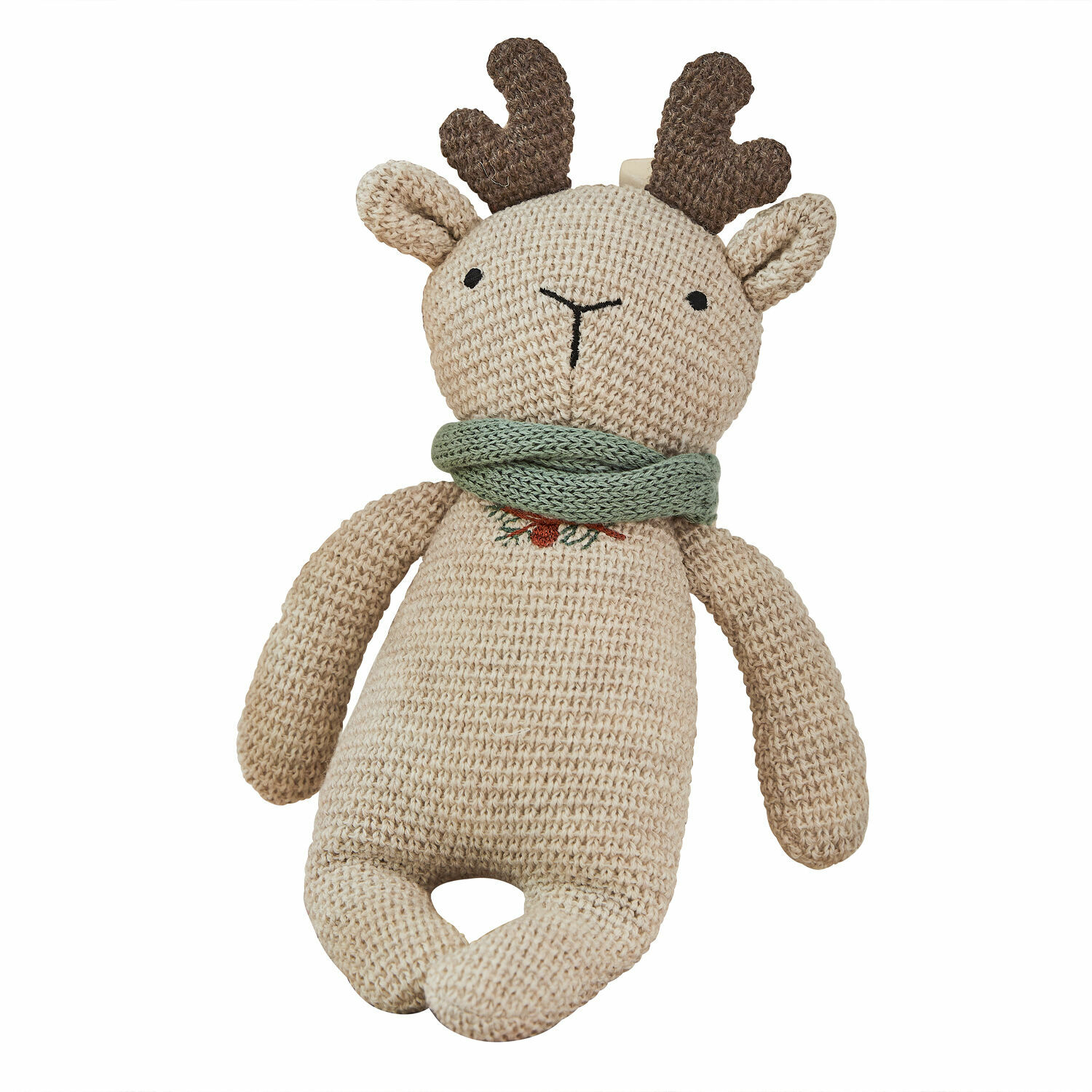 Stofftier Papillia Beige gestricktes Rentier mit grünem Schal, weiches Kinderplüschtier und Dekoration