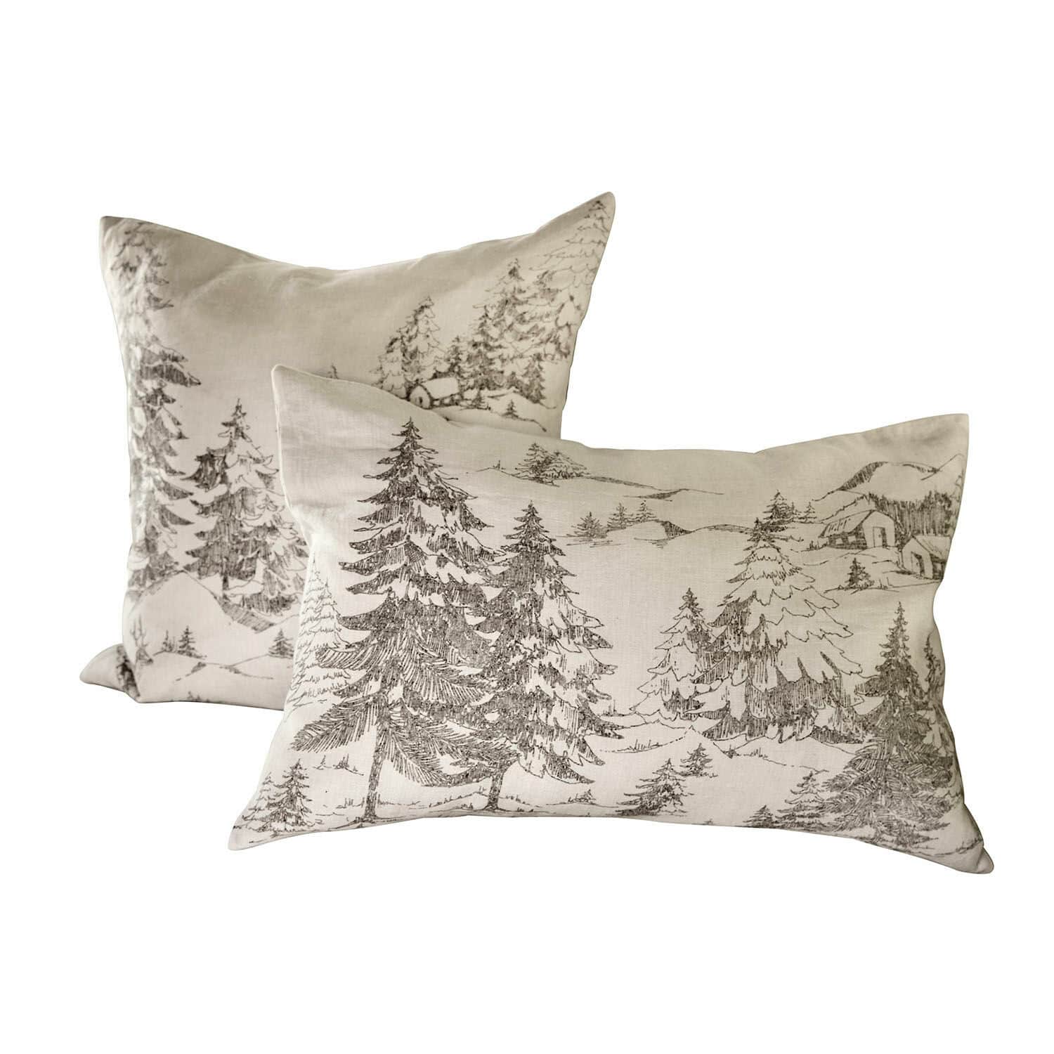 Kissenhülle 2er Set Fabrielle Set aus zwei beigen Leinenkissen mit Waldlandschaftsprint, dekorative Kissen für Wohnzimmer
