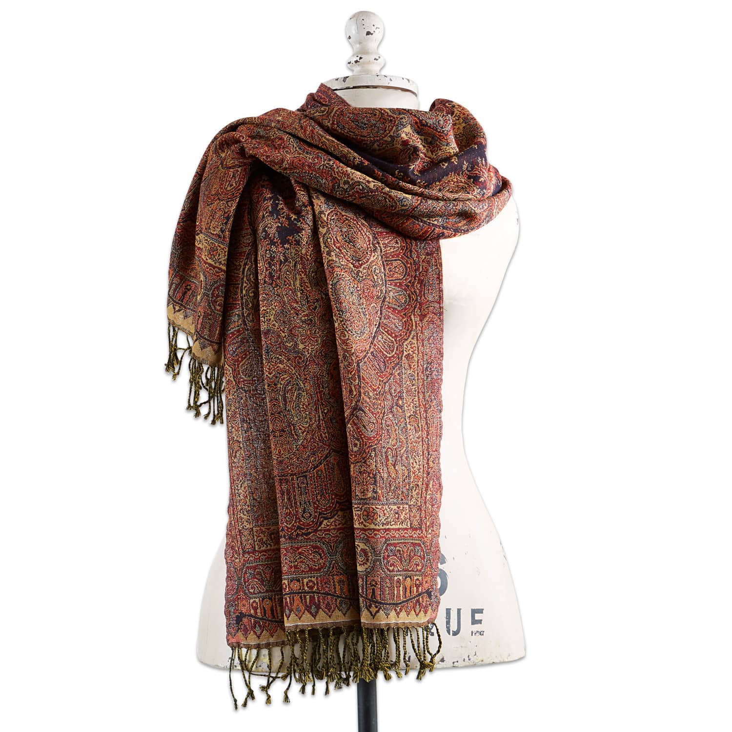 Warmer Schal mit Paisley-Muster in Rot- und Brauntönen mit Fransen, weiches Material
