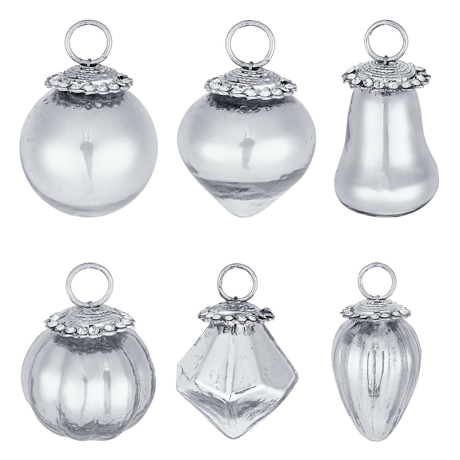 6-teiliges Set Weihnachtsbaumschmuck aus antiksilbernem Glas in verschiedenen Formen