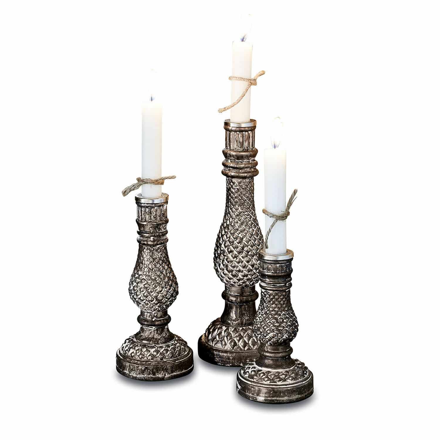Kerzenständer 3er Set Toul Drei dekorative Metall-Kerzenhalter mit weißen Kerzen und Juteschnur, stilvolle Wohnaccessoires