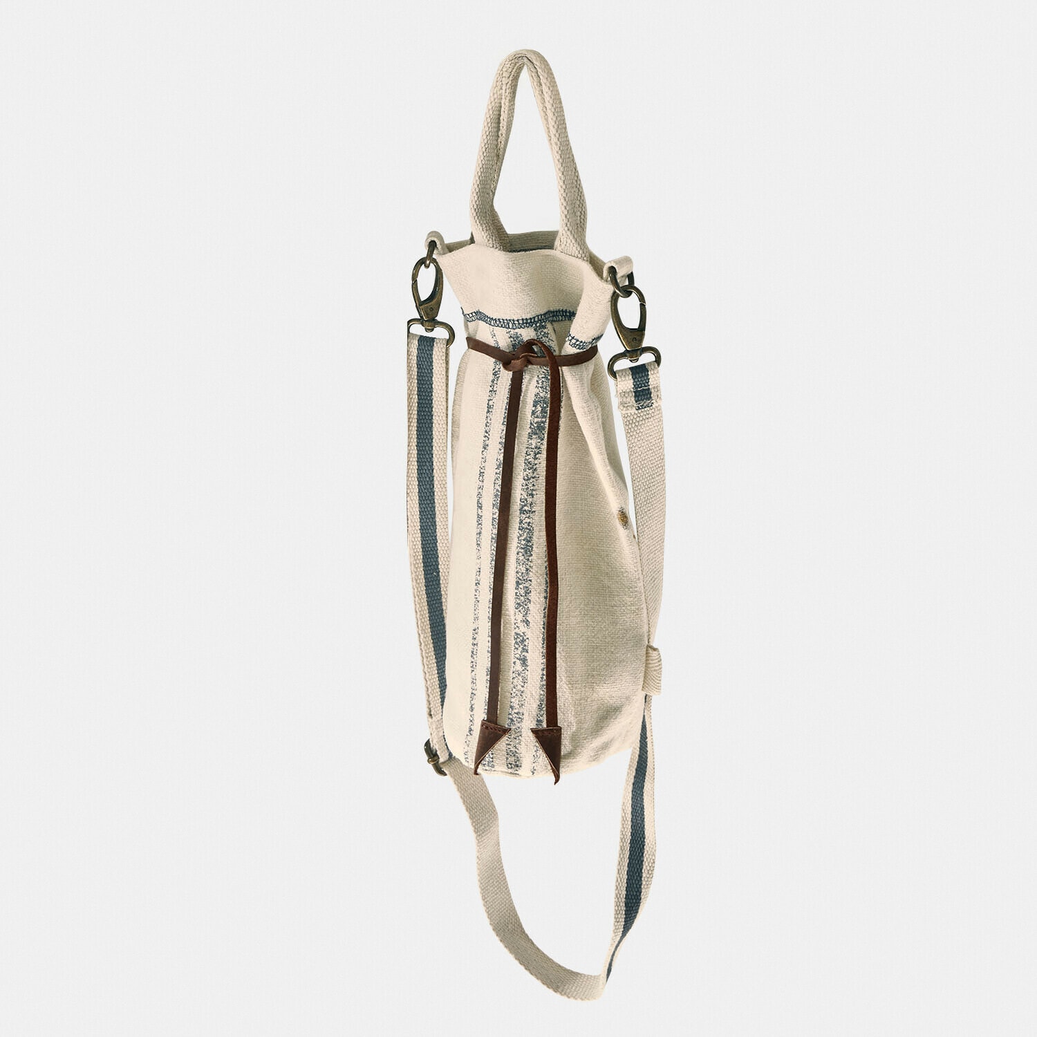 Beige Stofftasche mit blauen Streifen und braunem Band, praktischer Rucksack für den Alltag