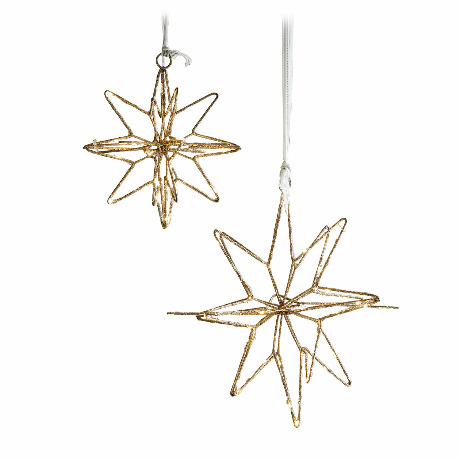 LED-Stern 2er Set Pérole Goldene Metall-Sterne mit LED-Beleuchtung zum Hängen, festliche Weihnachtsdekorationen