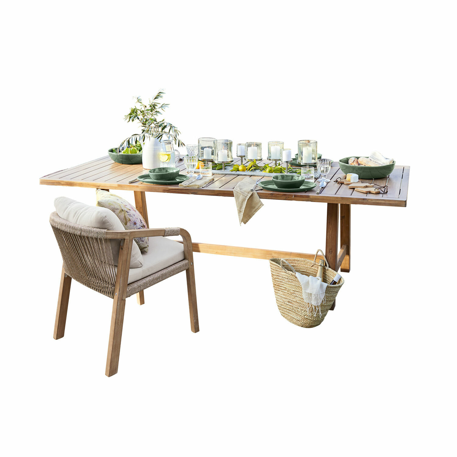 Tisch FSC®-100% Kennedy Holz-Gartentisch mit grünen Geschirr und gepolstertem Stuhl, Terrassendekoration