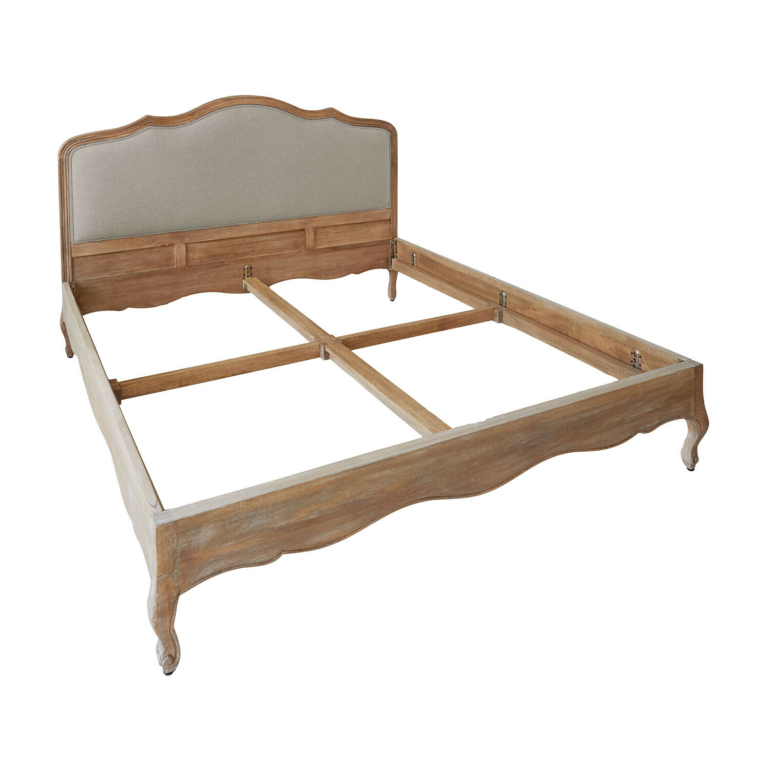 Bett Serravalle Holz-Bett mit grauem Polsterkopfteil und verzierten Beinen im Vintage-Stil